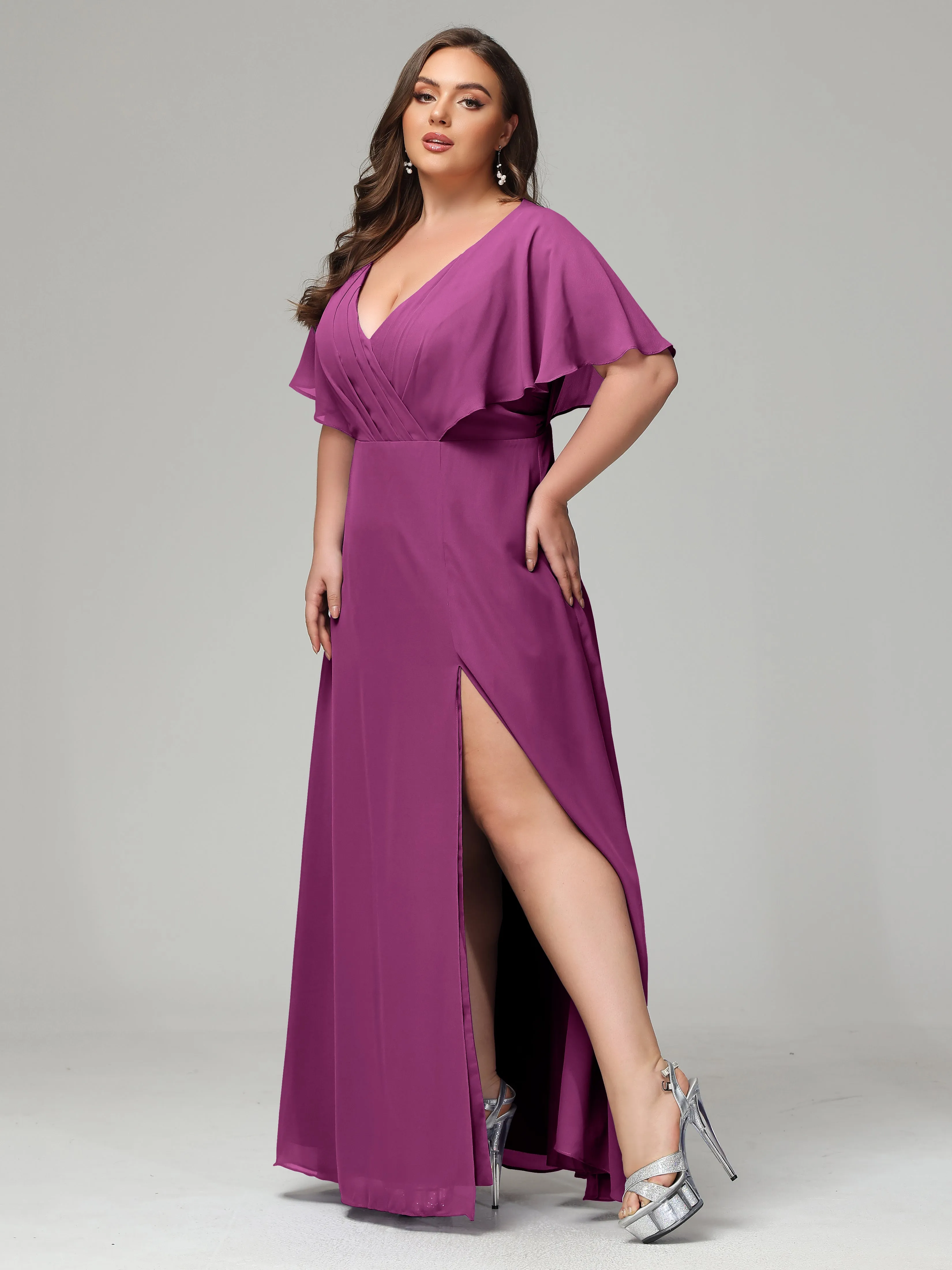 Short Sleeves Chiffon Split Long Plus Bridesmaid Dresses