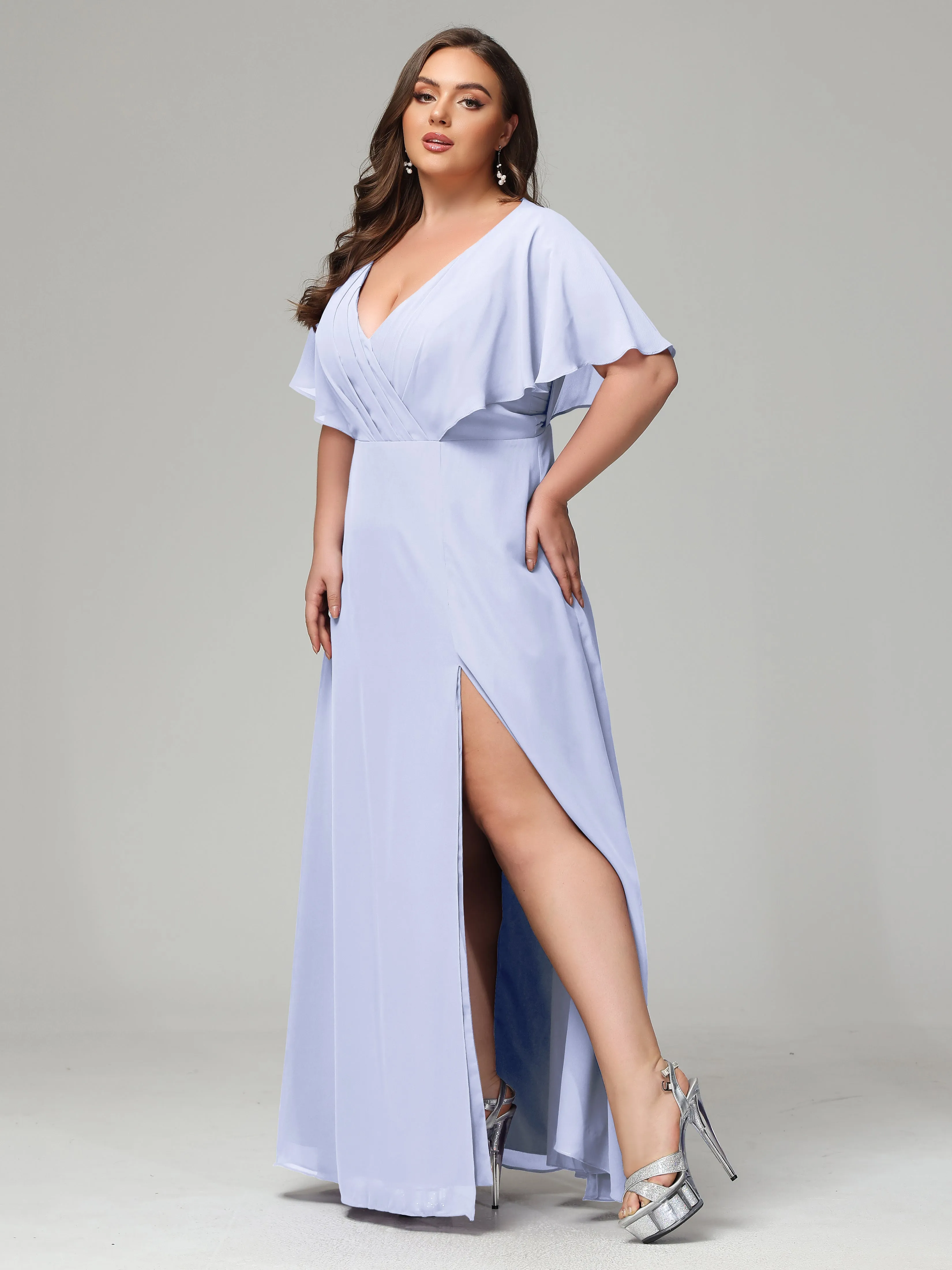 Short Sleeves Chiffon Split Long Plus Bridesmaid Dresses