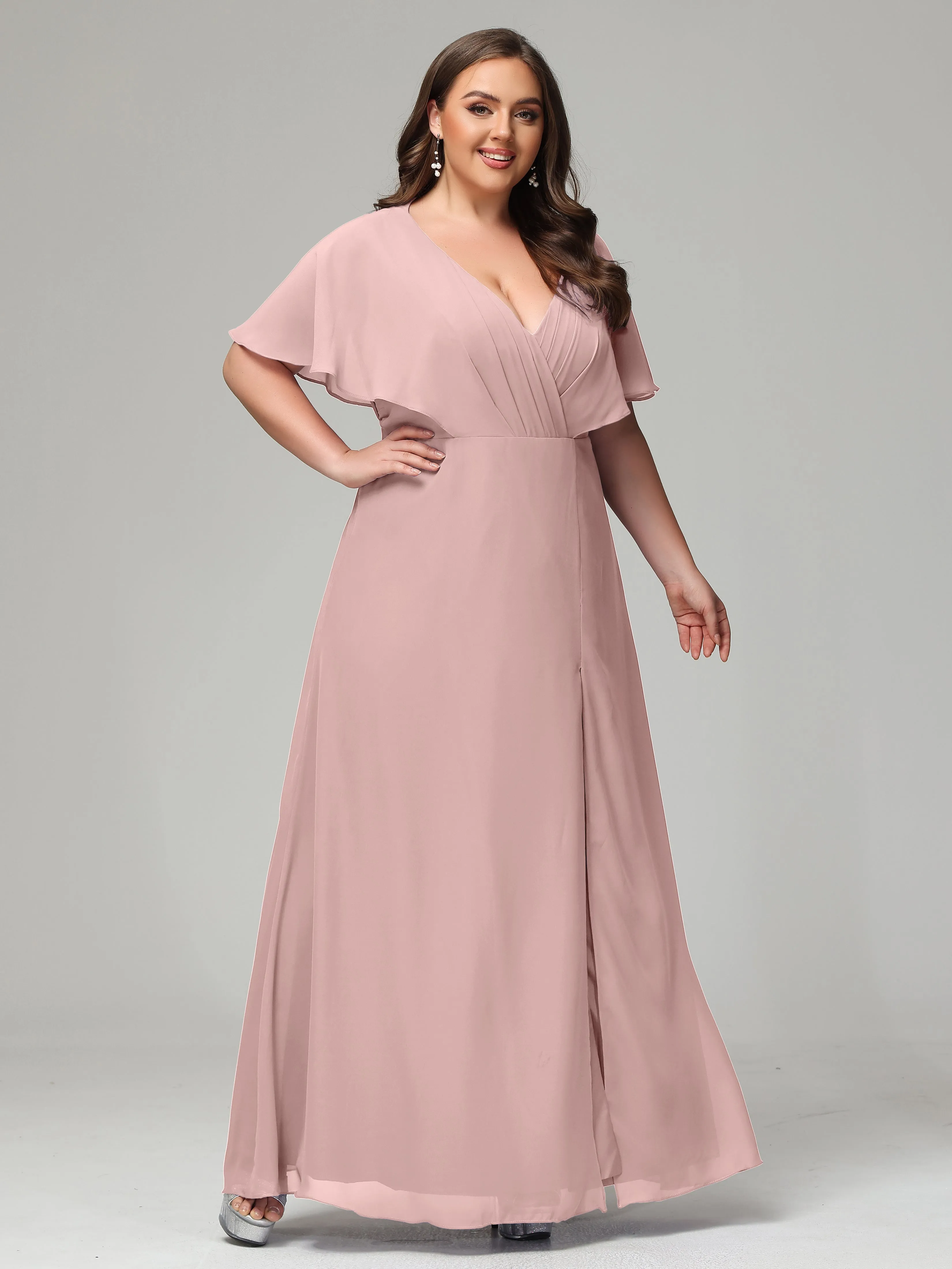 Short Sleeves Chiffon Split Long Plus Bridesmaid Dresses