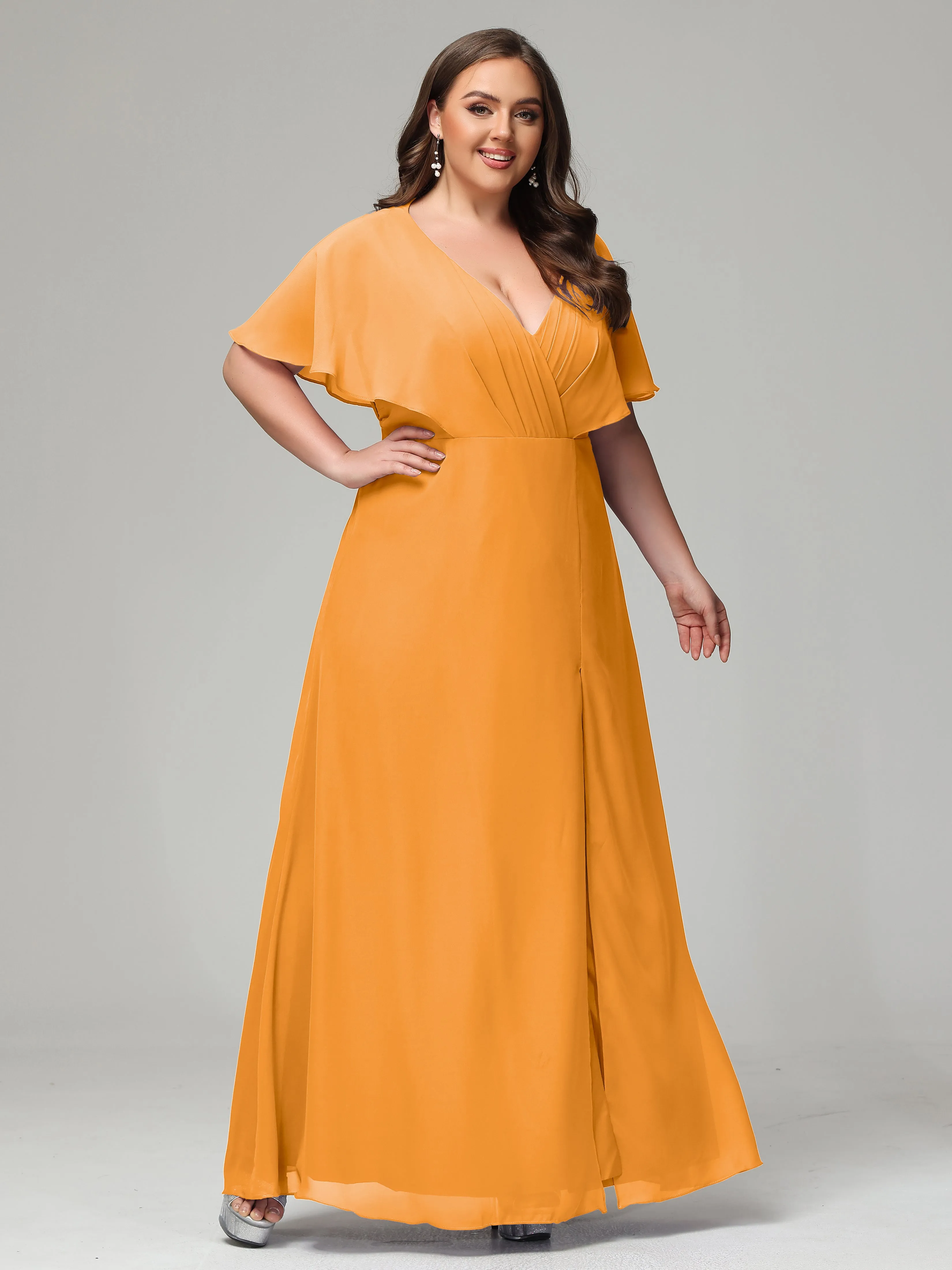 Short Sleeves Chiffon Split Long Plus Bridesmaid Dresses