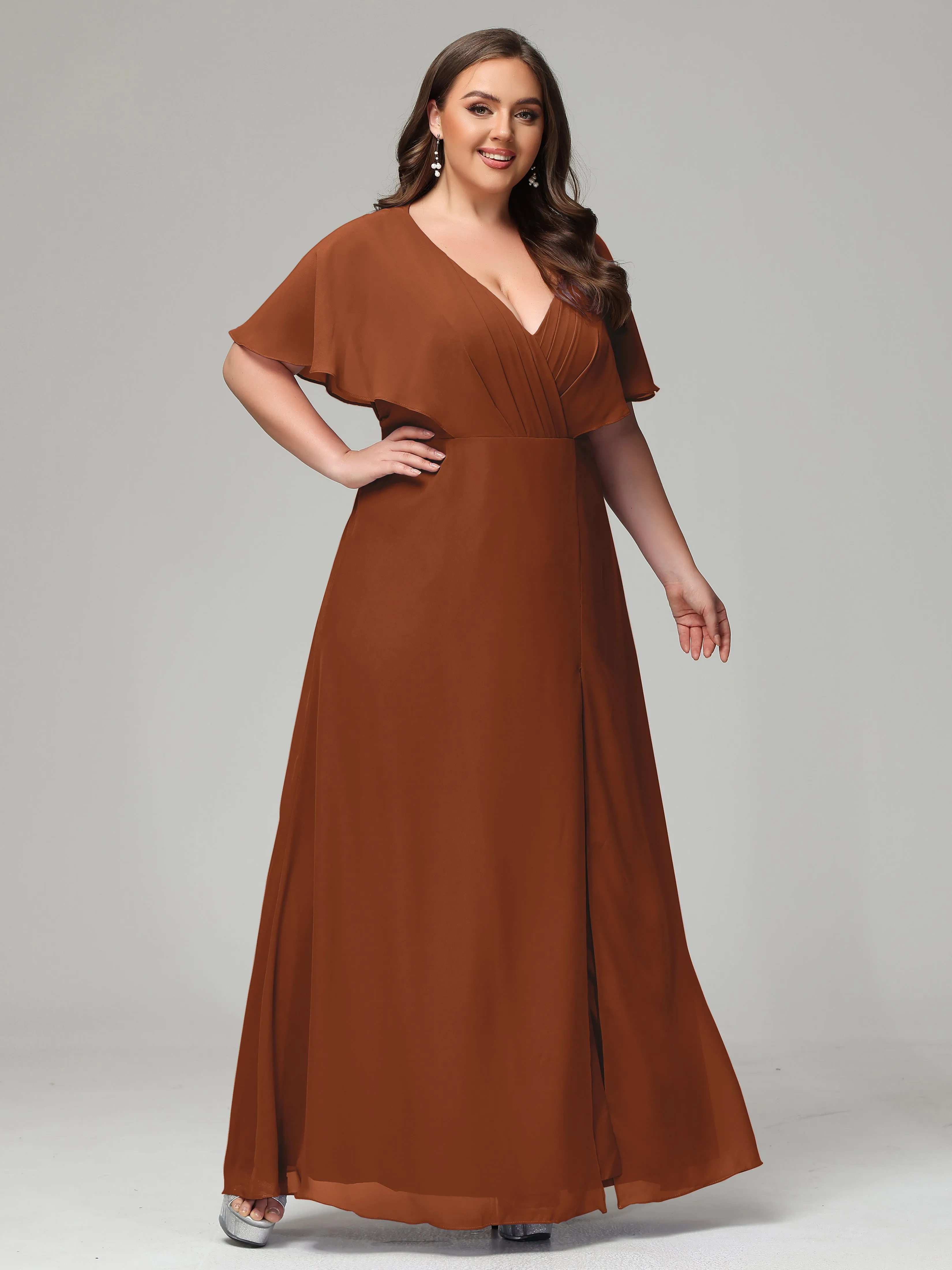 Short Sleeves Chiffon Split Long Plus Bridesmaid Dresses