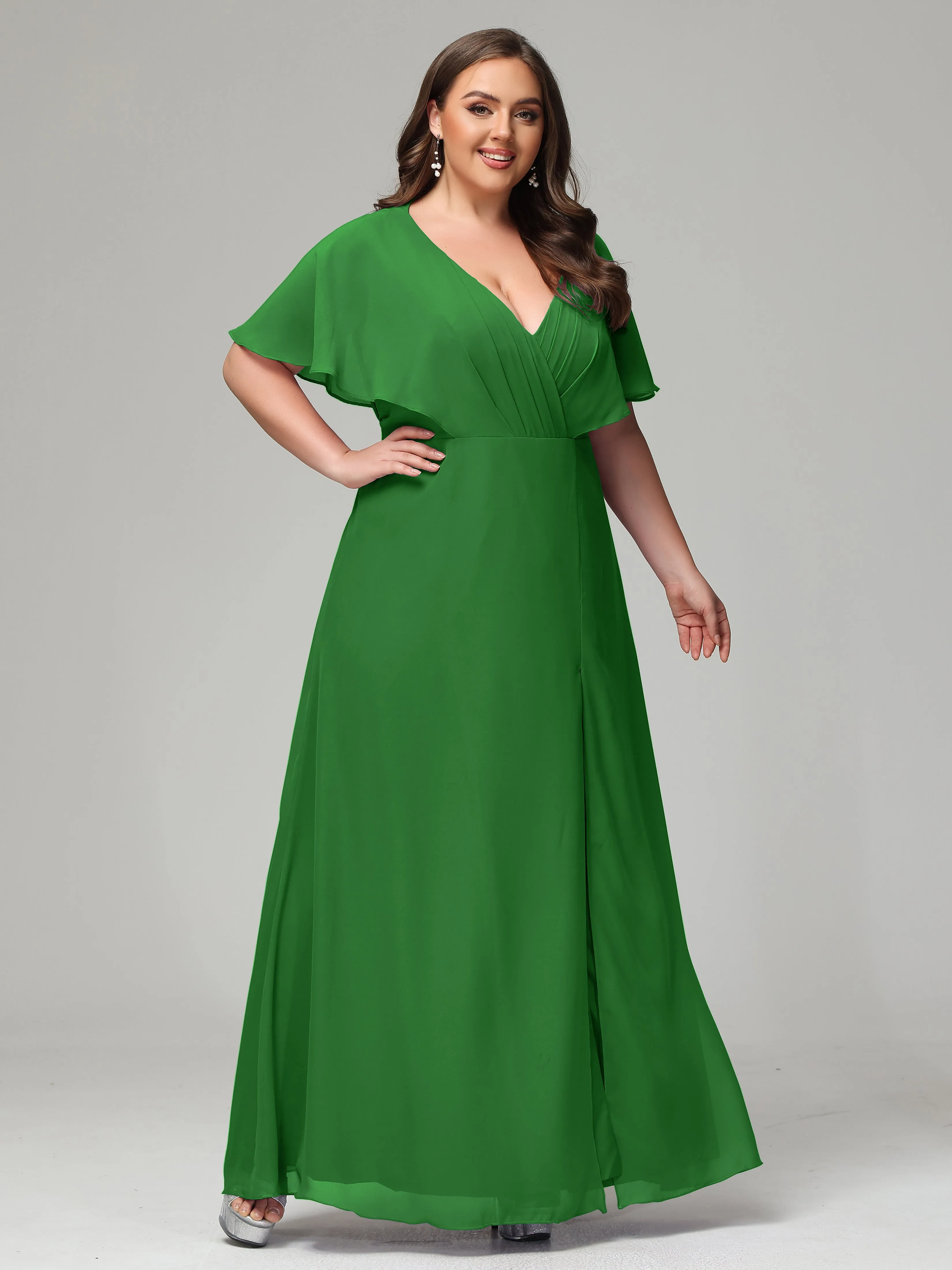 Short Sleeves Chiffon Split Long Plus Bridesmaid Dresses