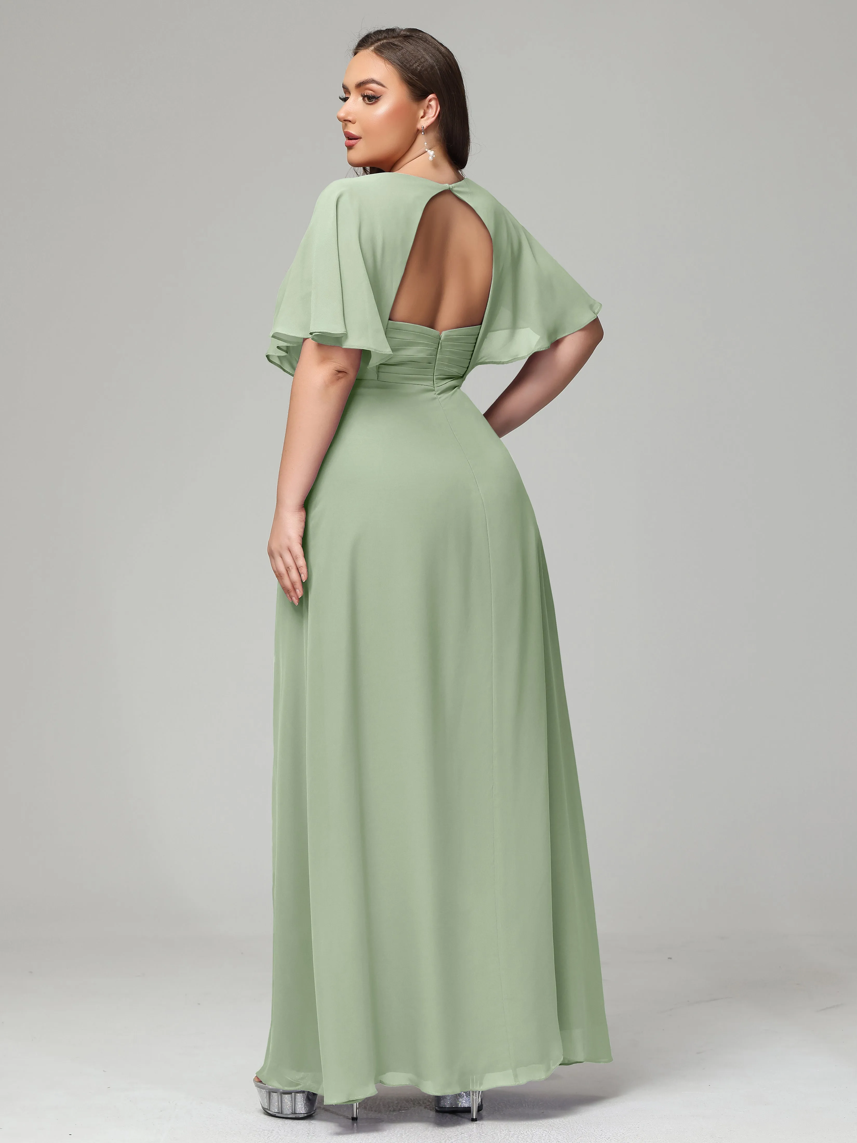 Short Sleeves Chiffon Split Long Plus Bridesmaid Dresses