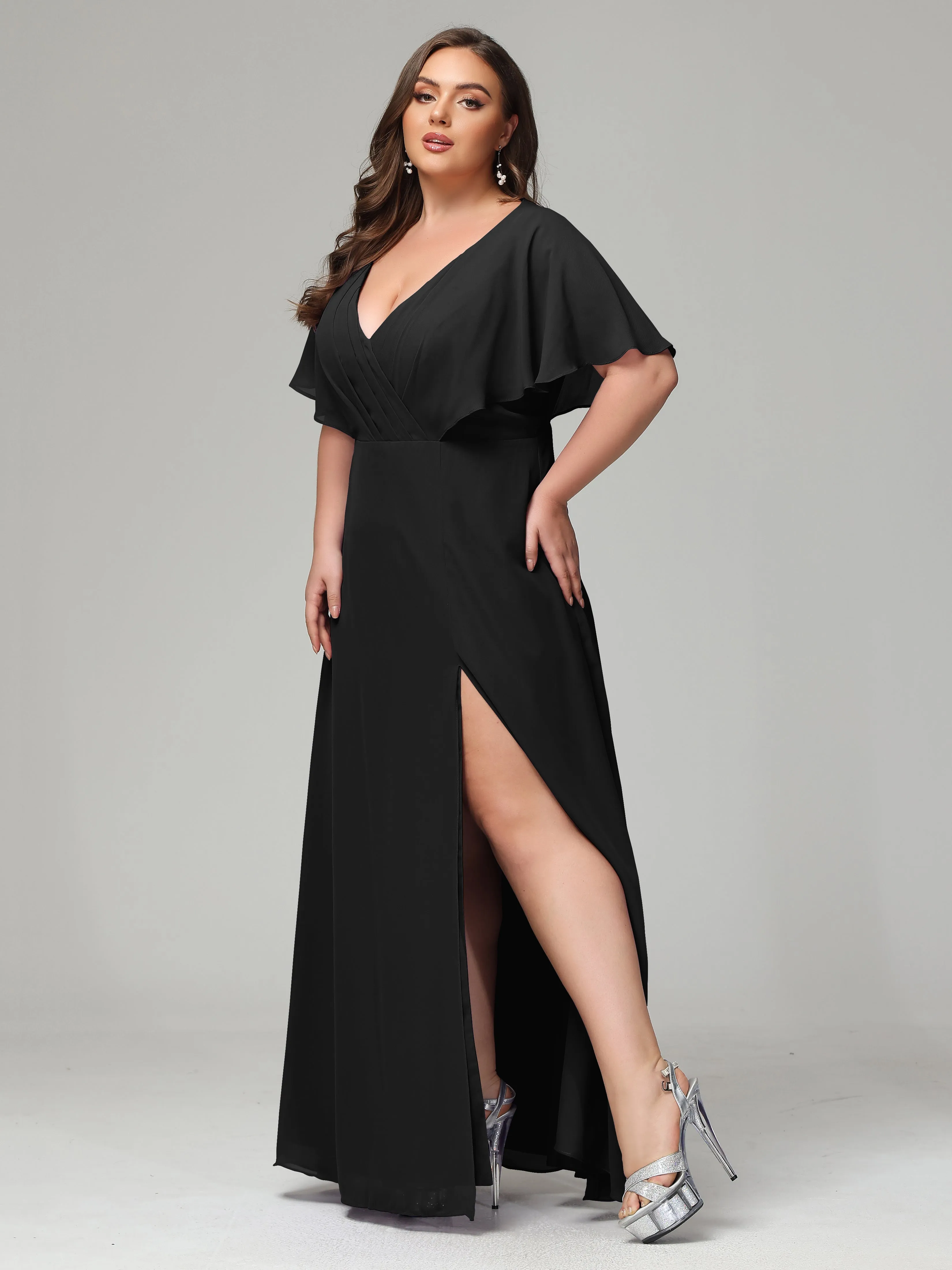 Short Sleeves Chiffon Split Long Plus Bridesmaid Dresses