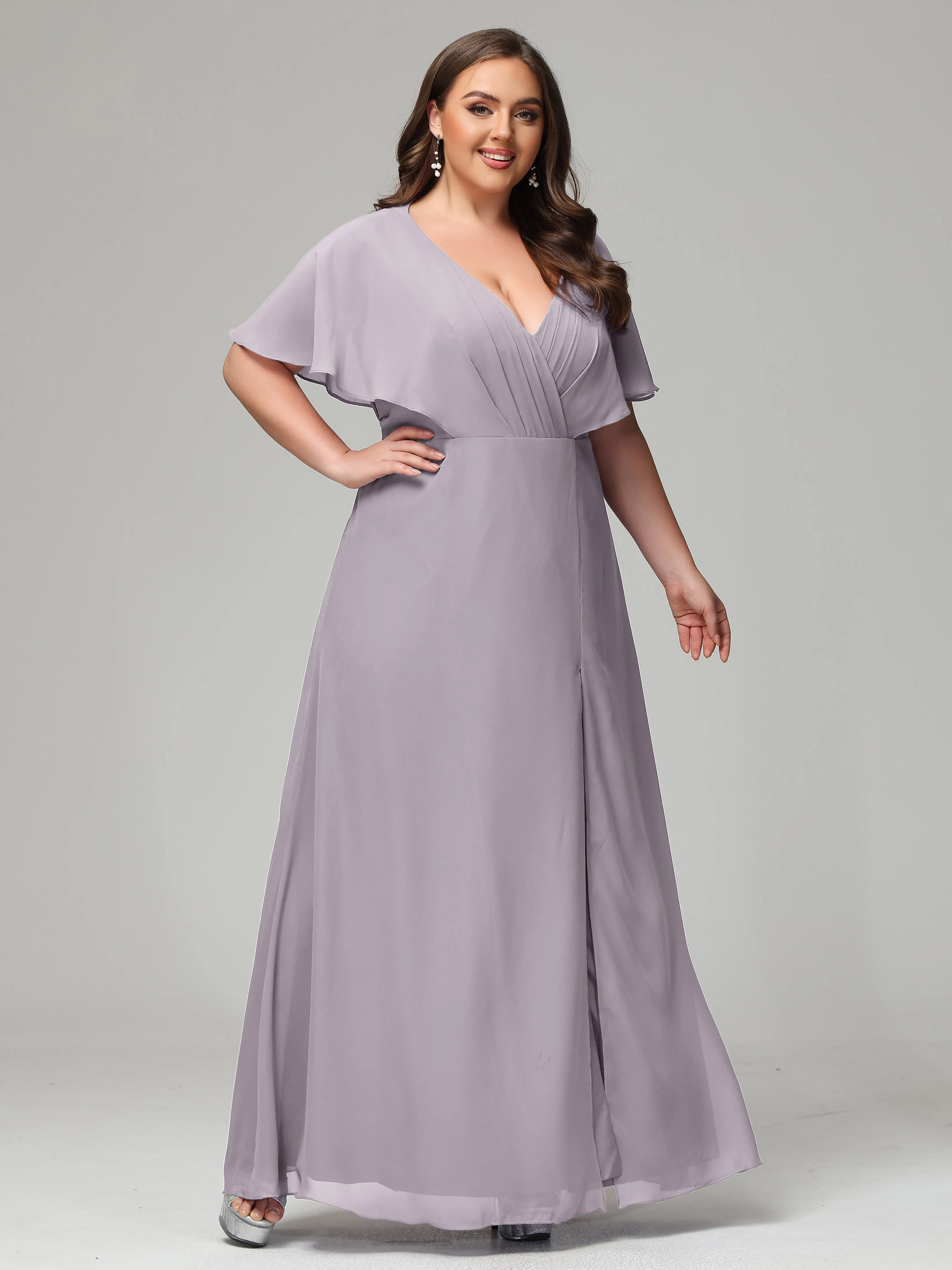 Short Sleeves Chiffon Split Long Plus Bridesmaid Dresses