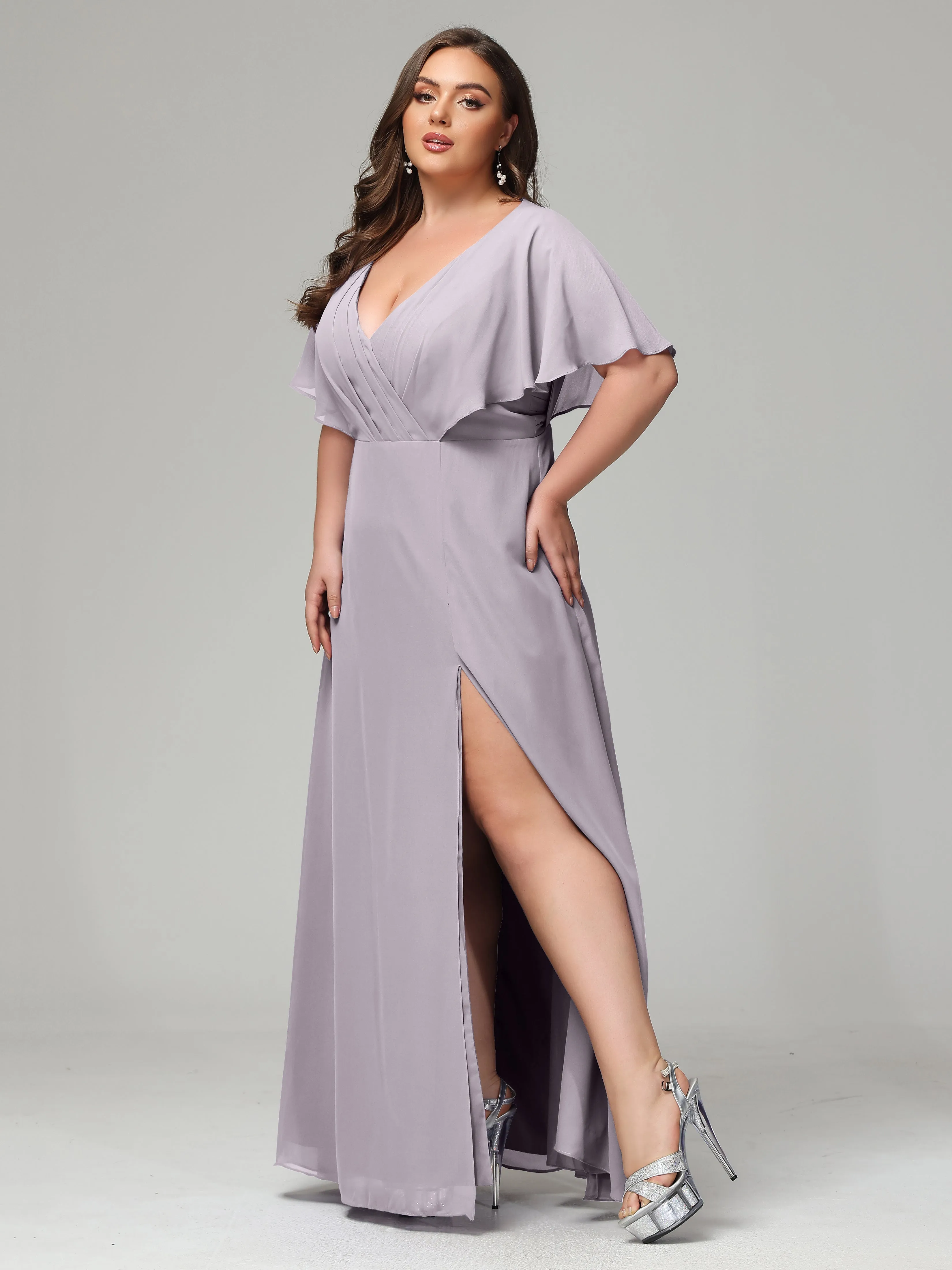 Short Sleeves Chiffon Split Long Plus Bridesmaid Dresses