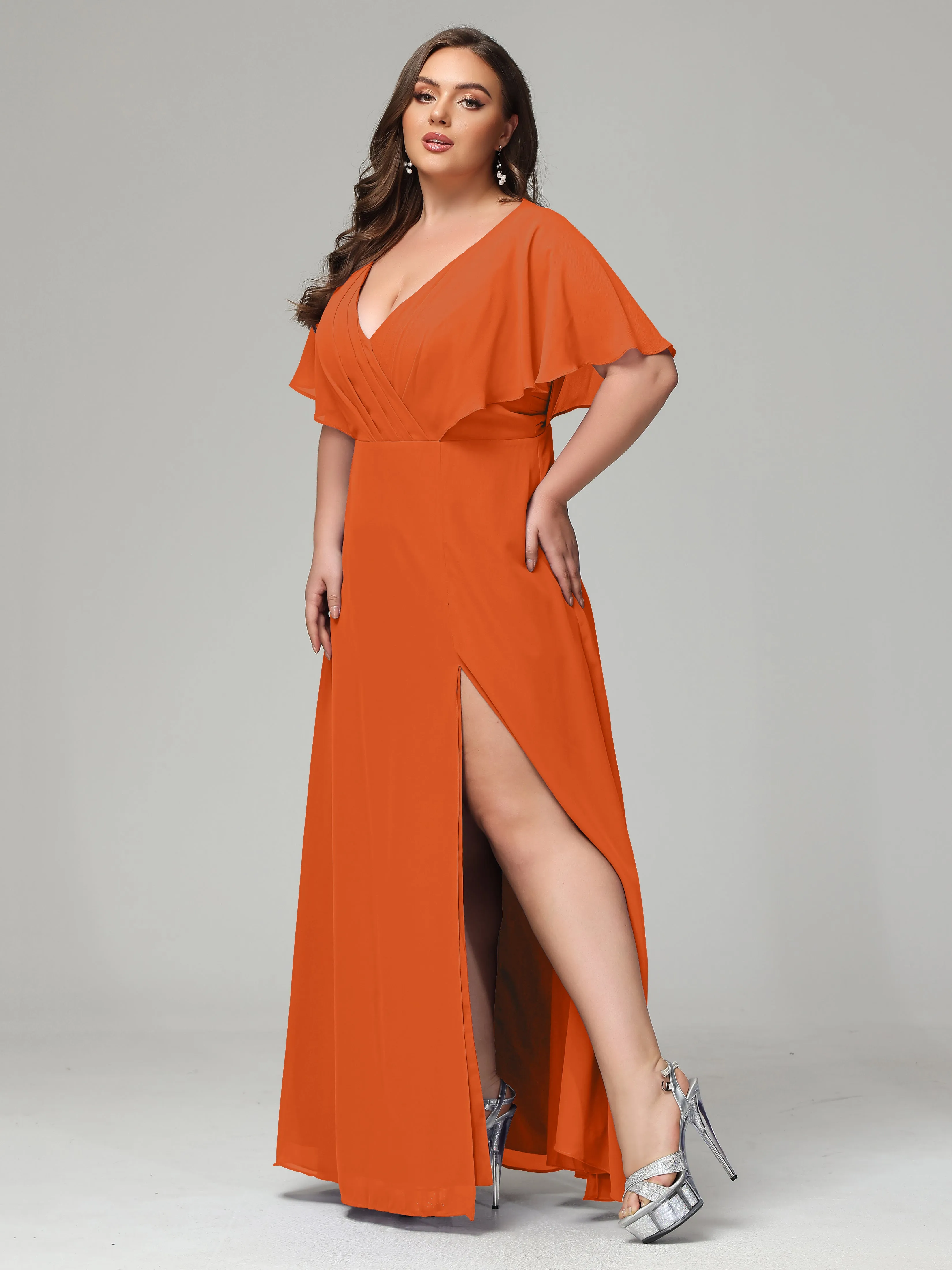 Short Sleeves Chiffon Split Long Plus Bridesmaid Dresses