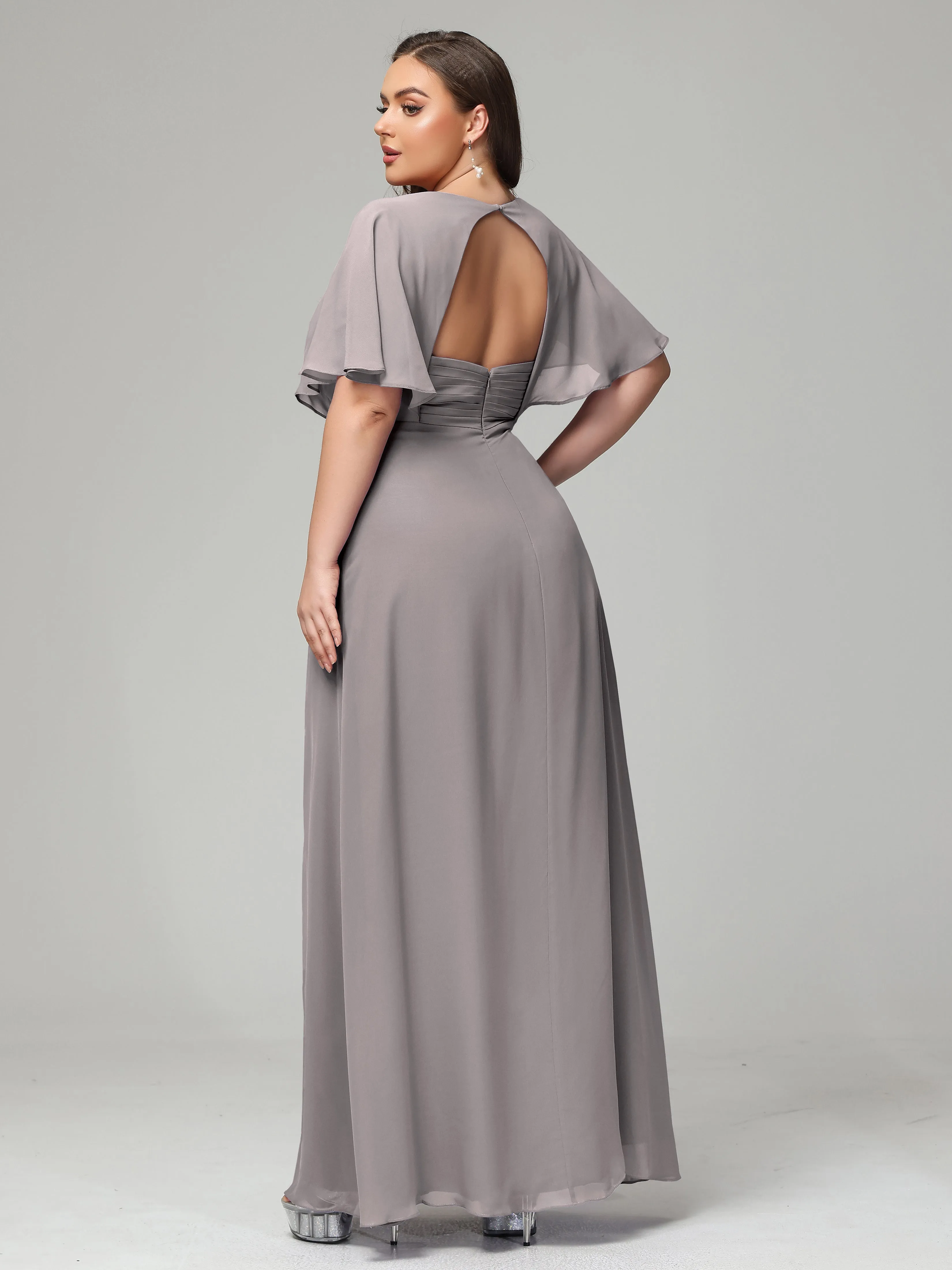 Short Sleeves Chiffon Split Long Plus Bridesmaid Dresses