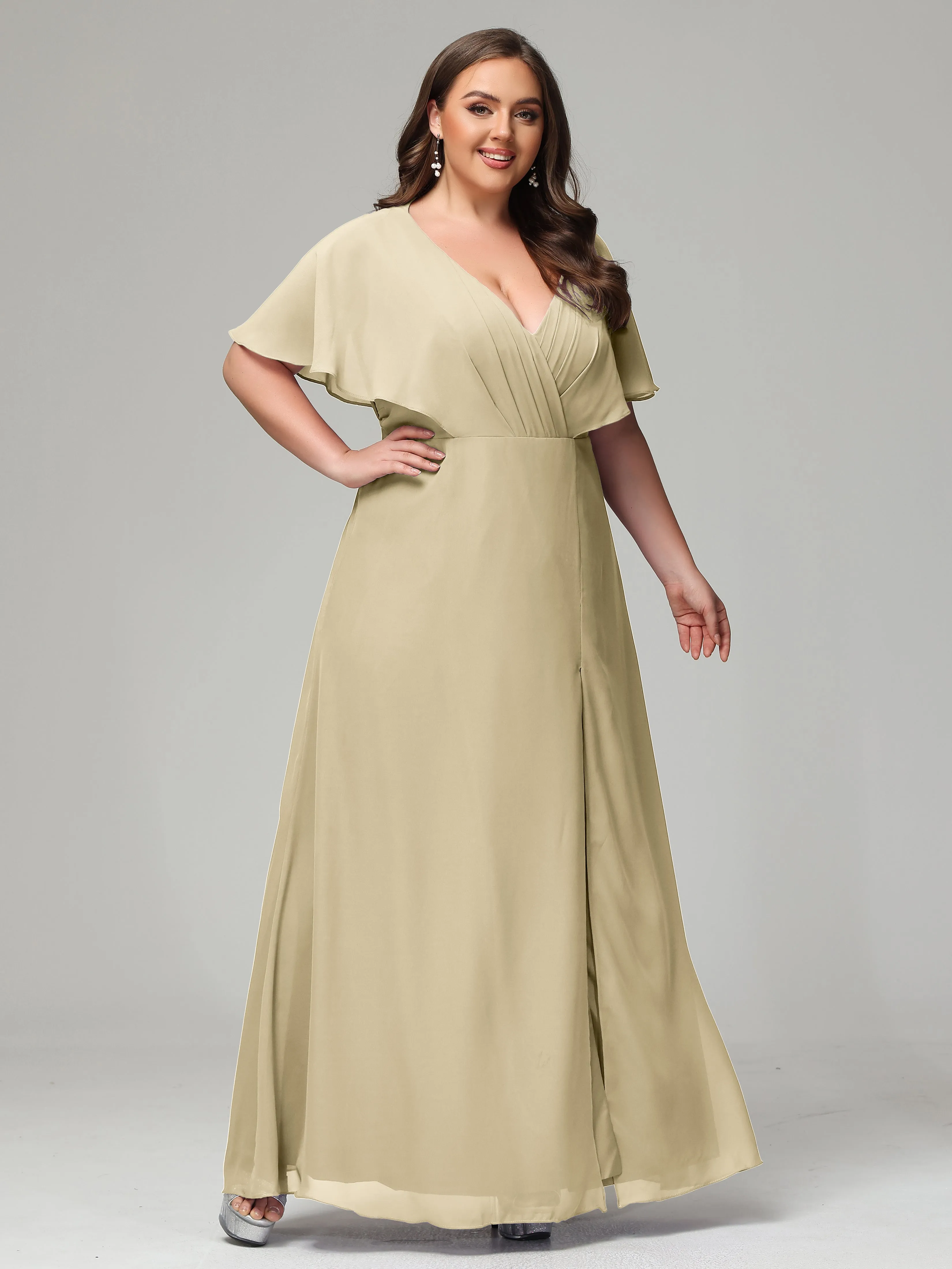 Short Sleeves Chiffon Split Long Plus Bridesmaid Dresses