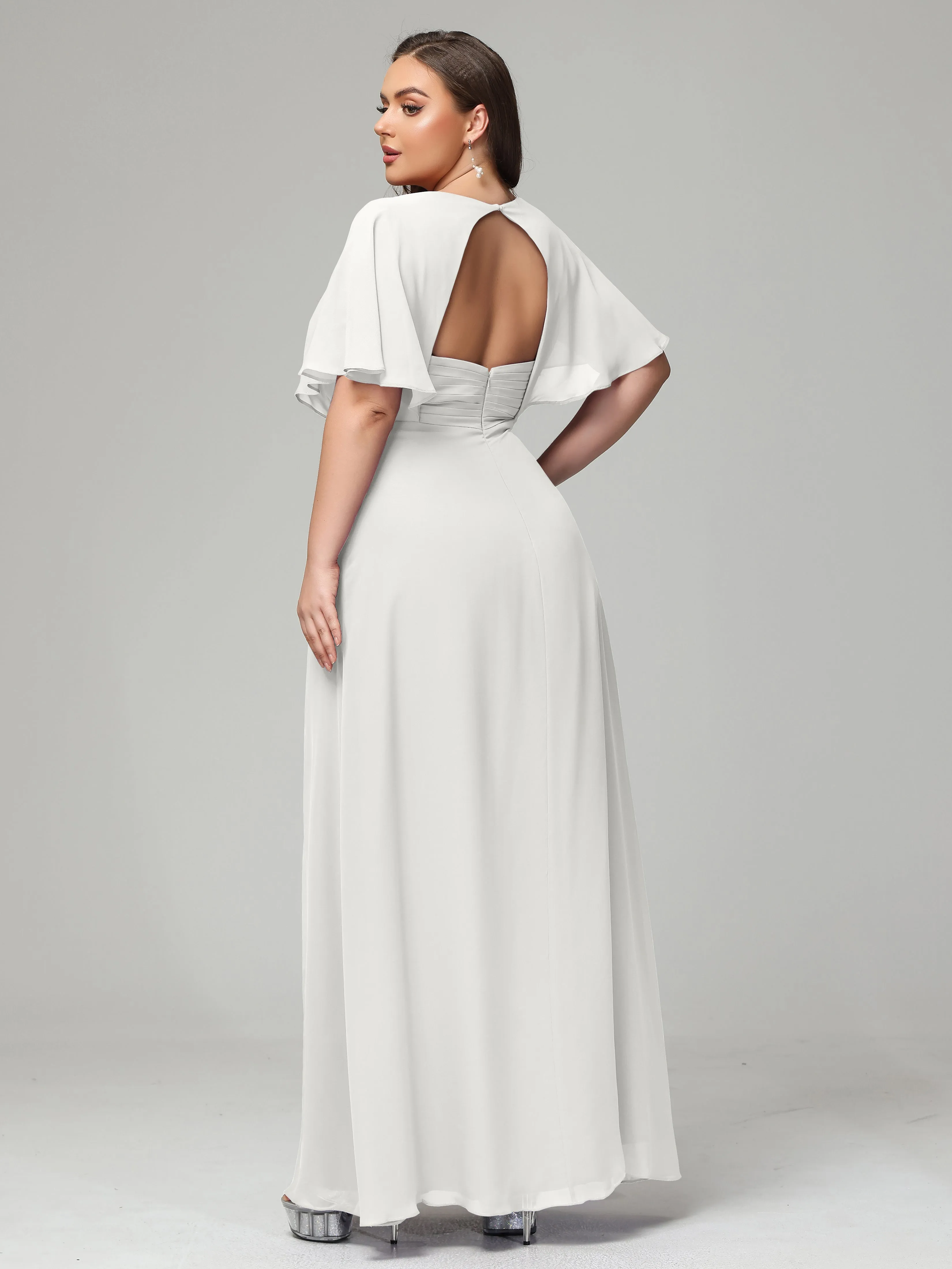 Short Sleeves Chiffon Split Long Plus Bridesmaid Dresses