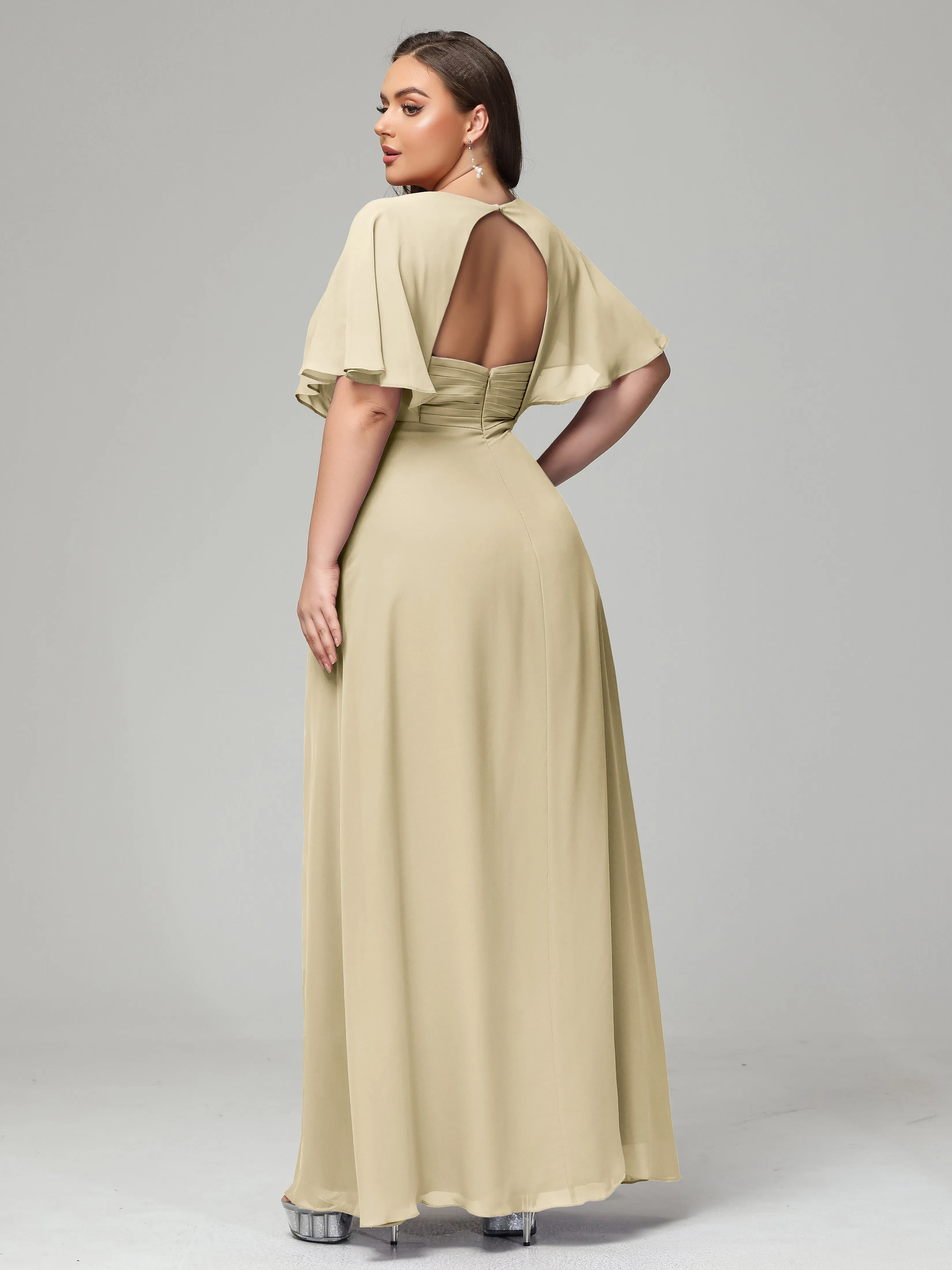 Short Sleeves Chiffon Split Long Plus Bridesmaid Dresses