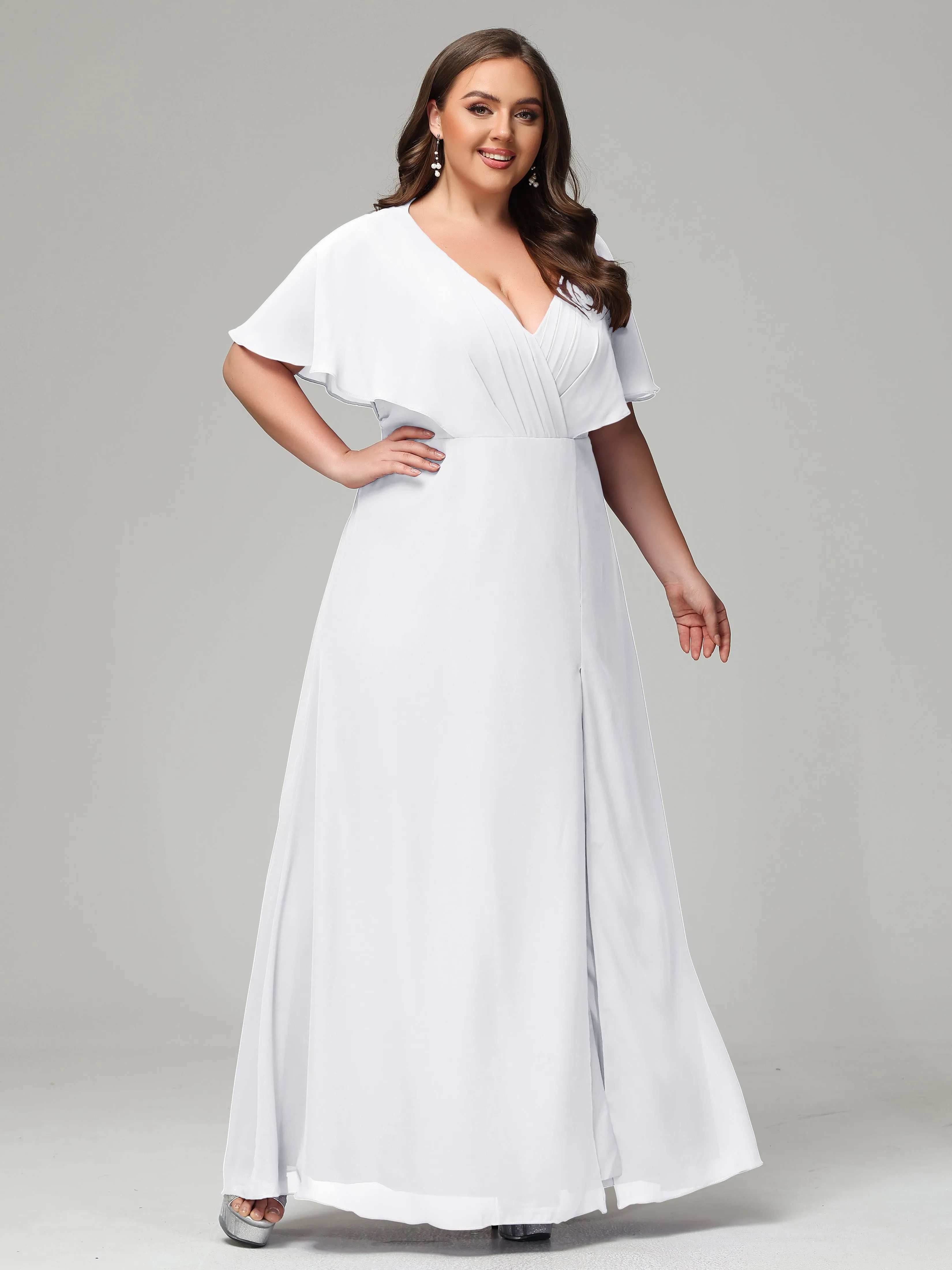 Short Sleeves Chiffon Split Long Plus Bridesmaid Dresses