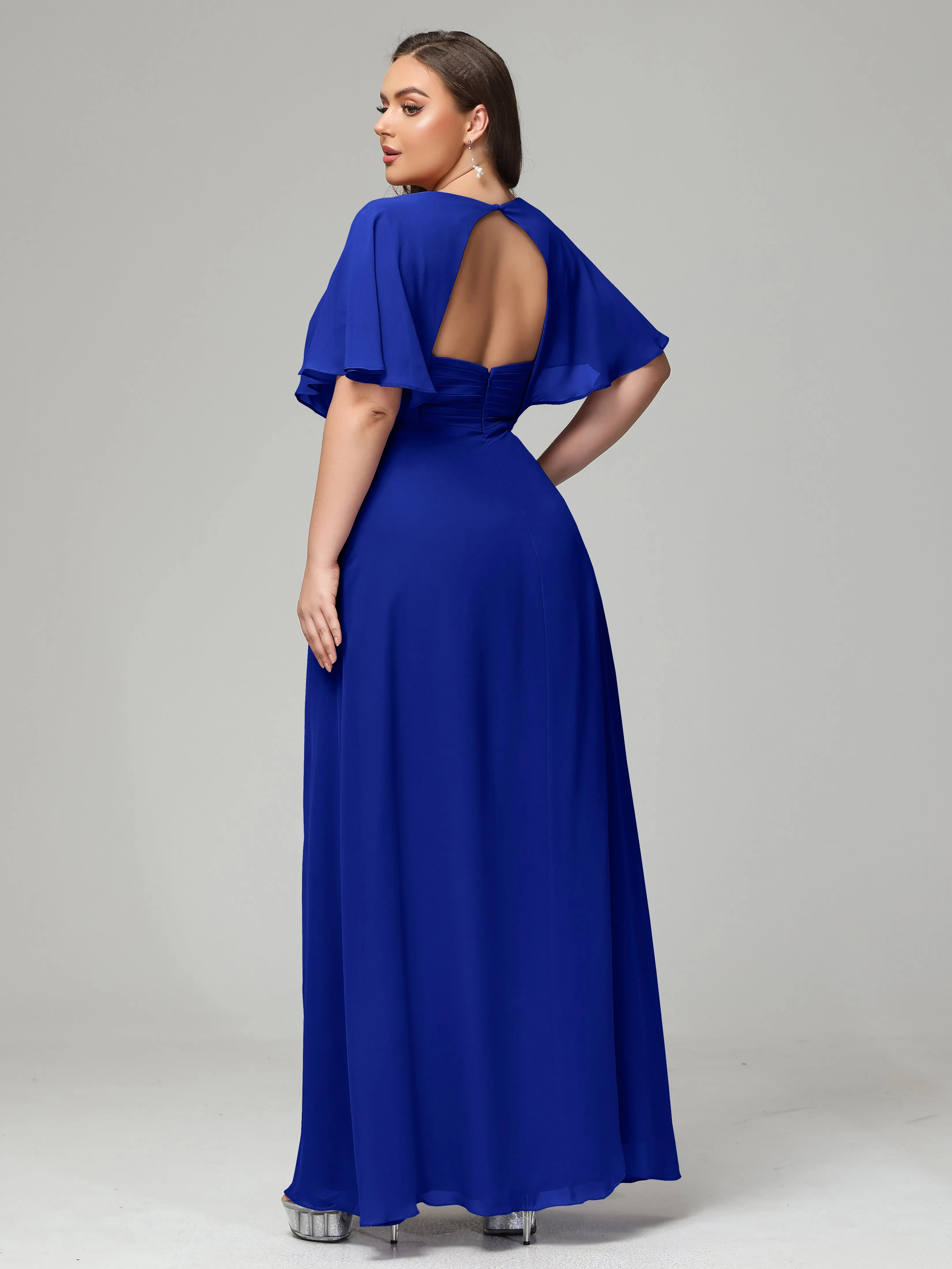 Short Sleeves Chiffon Split Long Plus Bridesmaid Dresses