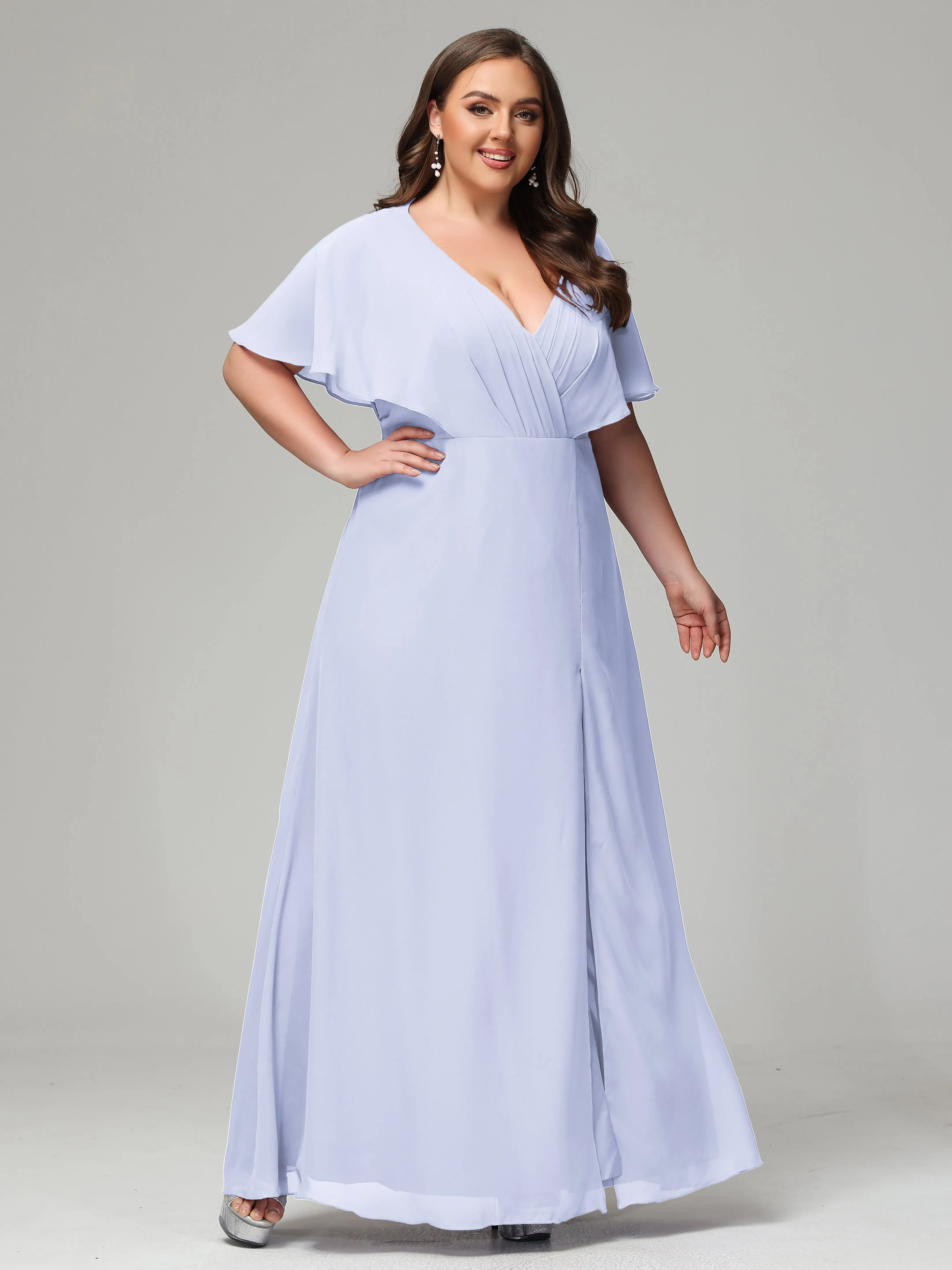 Short Sleeves Chiffon Split Long Plus Bridesmaid Dresses