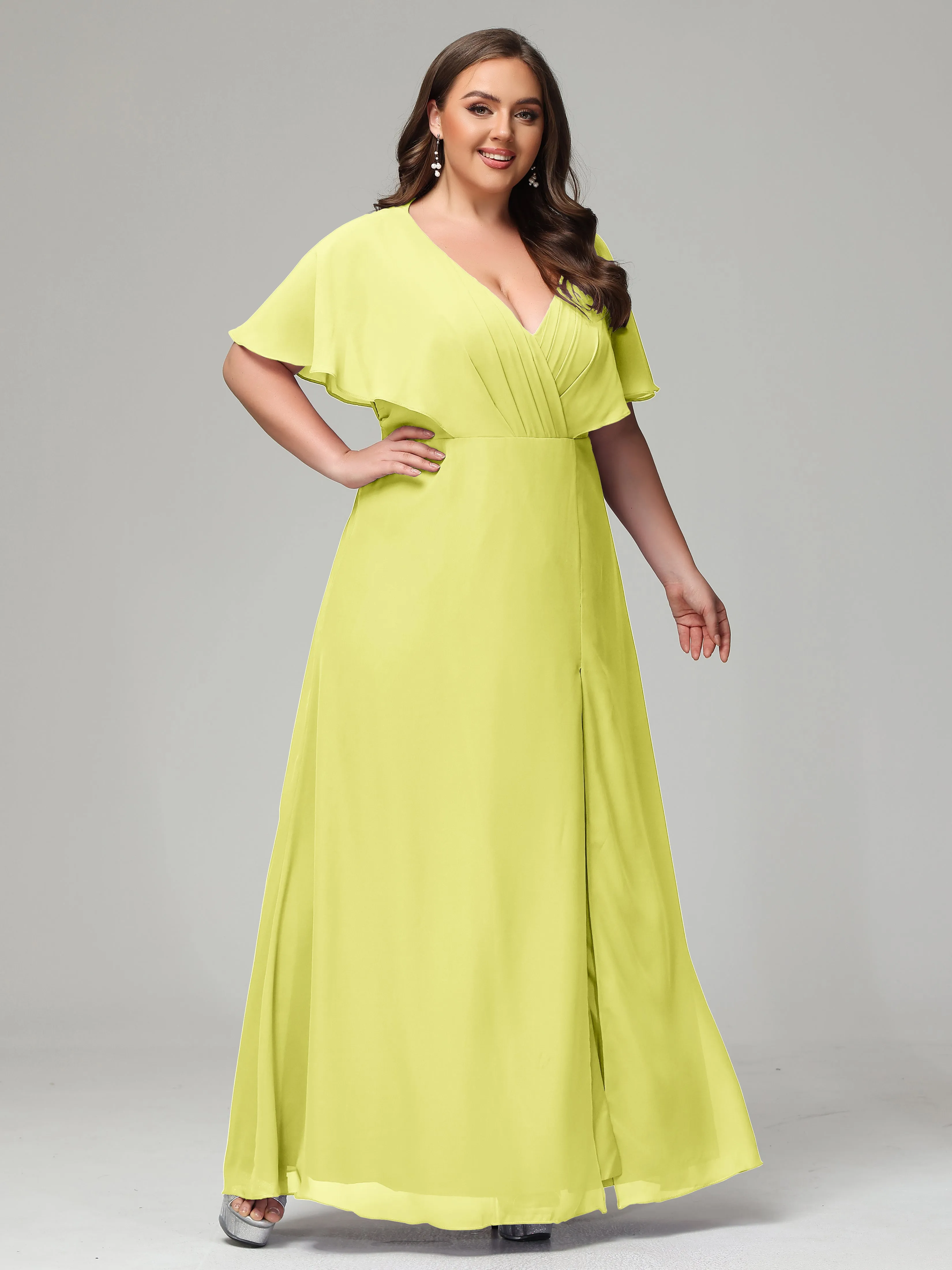 Short Sleeves Chiffon Split Long Plus Bridesmaid Dresses