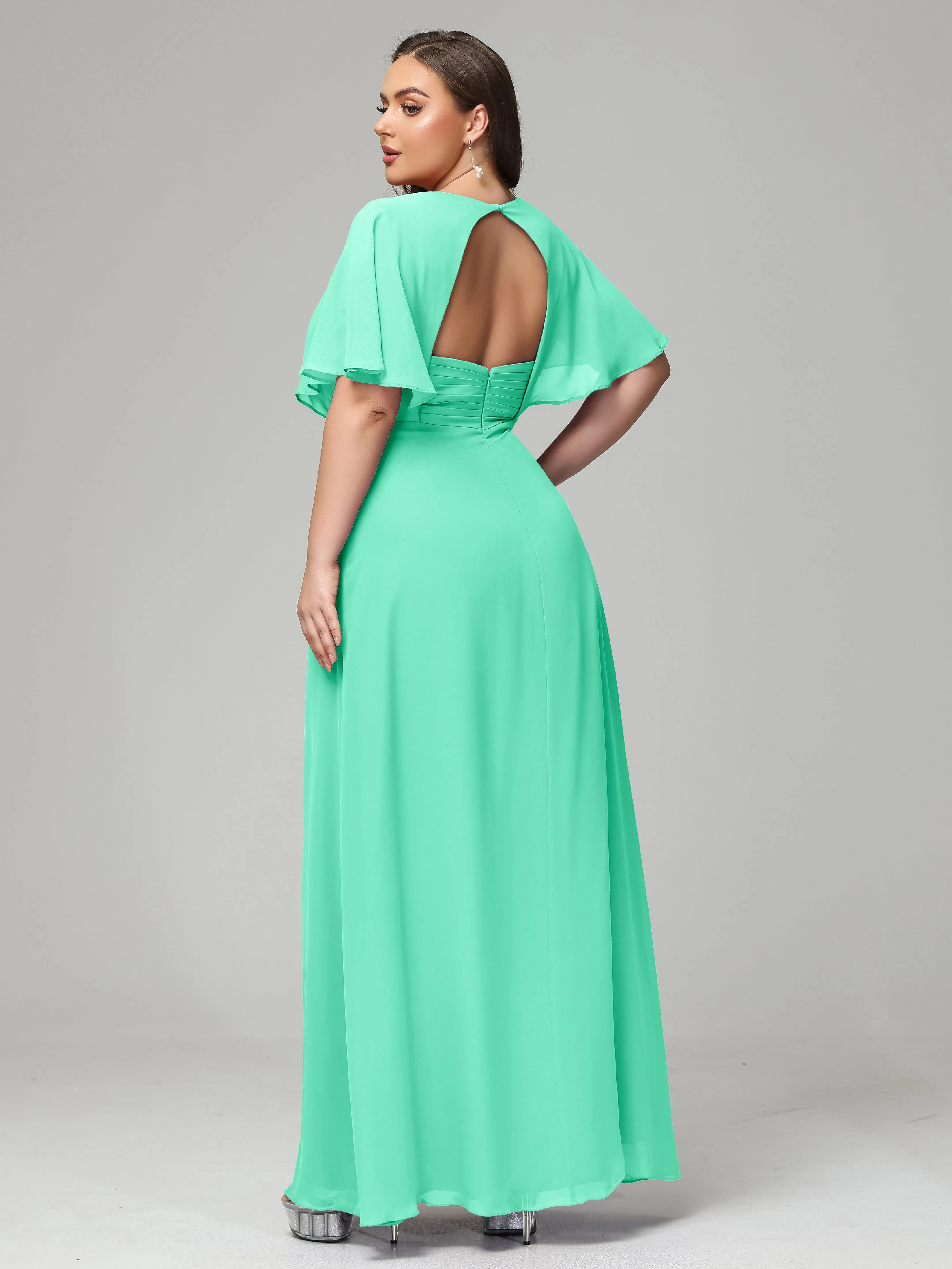 Short Sleeves Chiffon Split Long Plus Bridesmaid Dresses