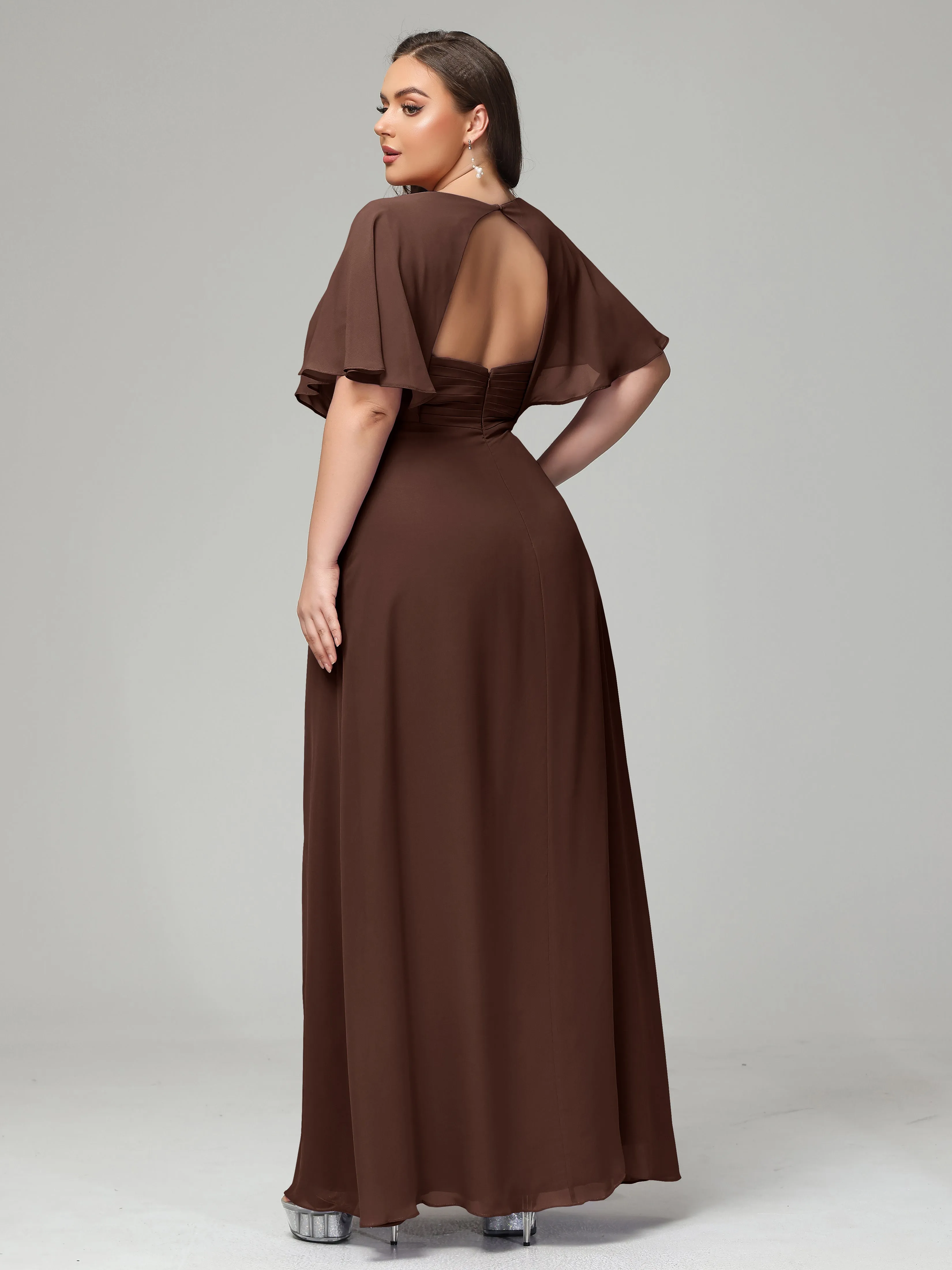 Short Sleeves Chiffon Split Long Plus Bridesmaid Dresses