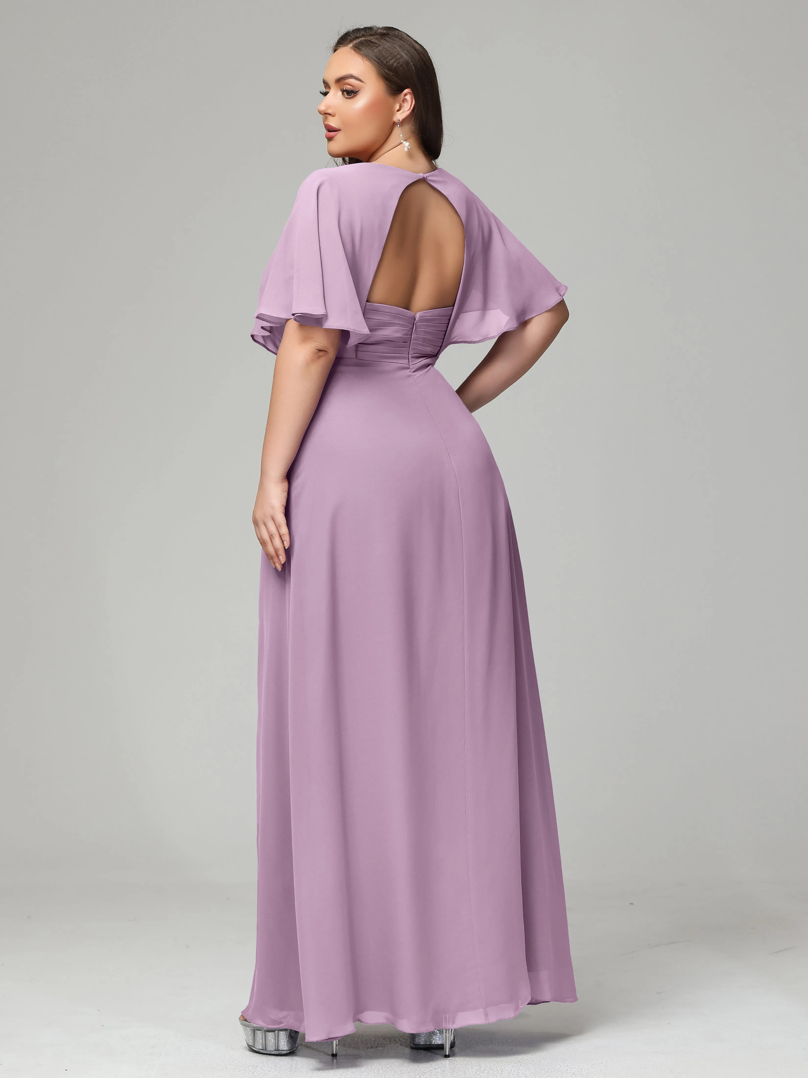 Short Sleeves Chiffon Split Long Plus Bridesmaid Dresses