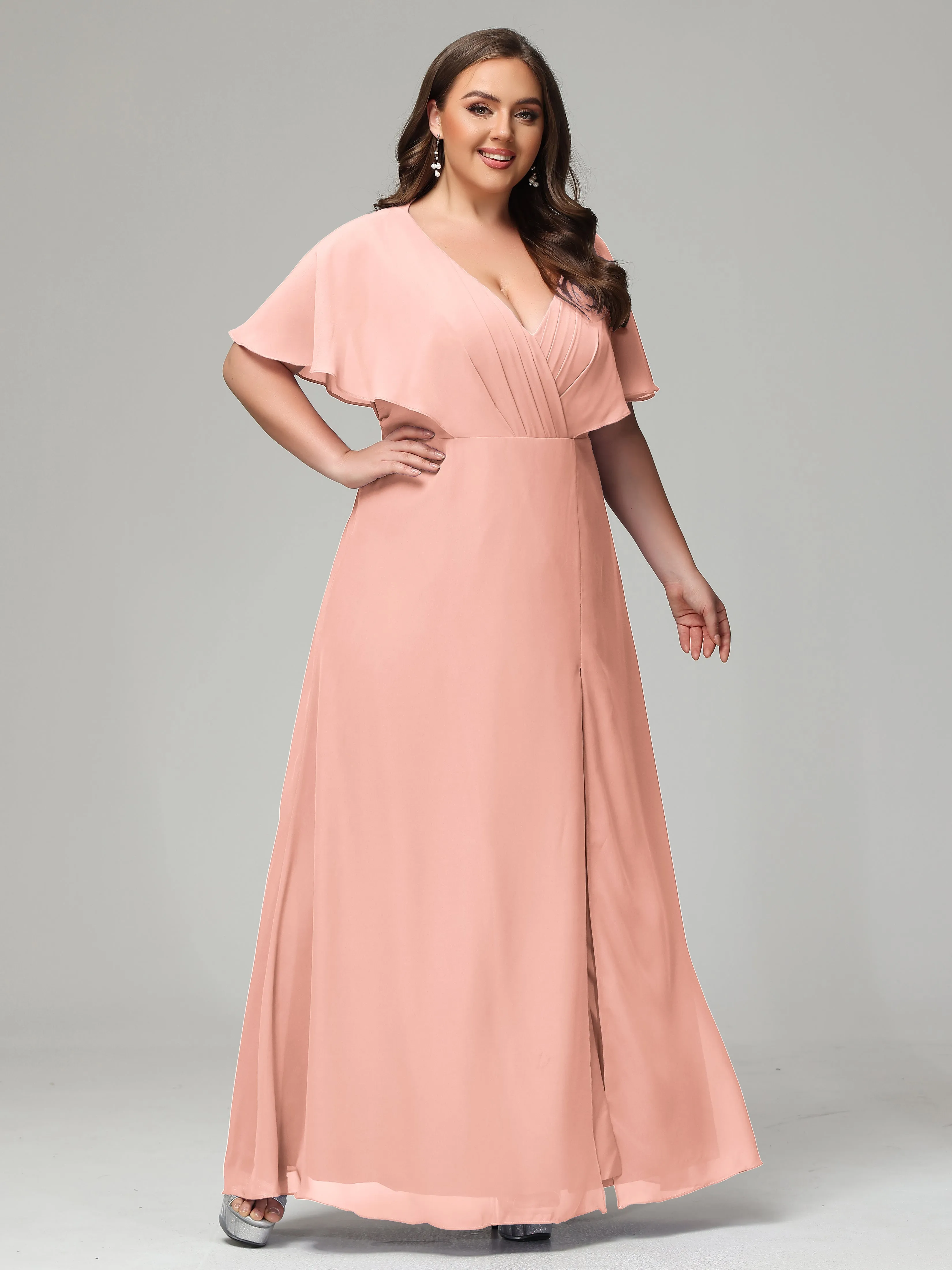 Short Sleeves Chiffon Split Long Plus Bridesmaid Dresses