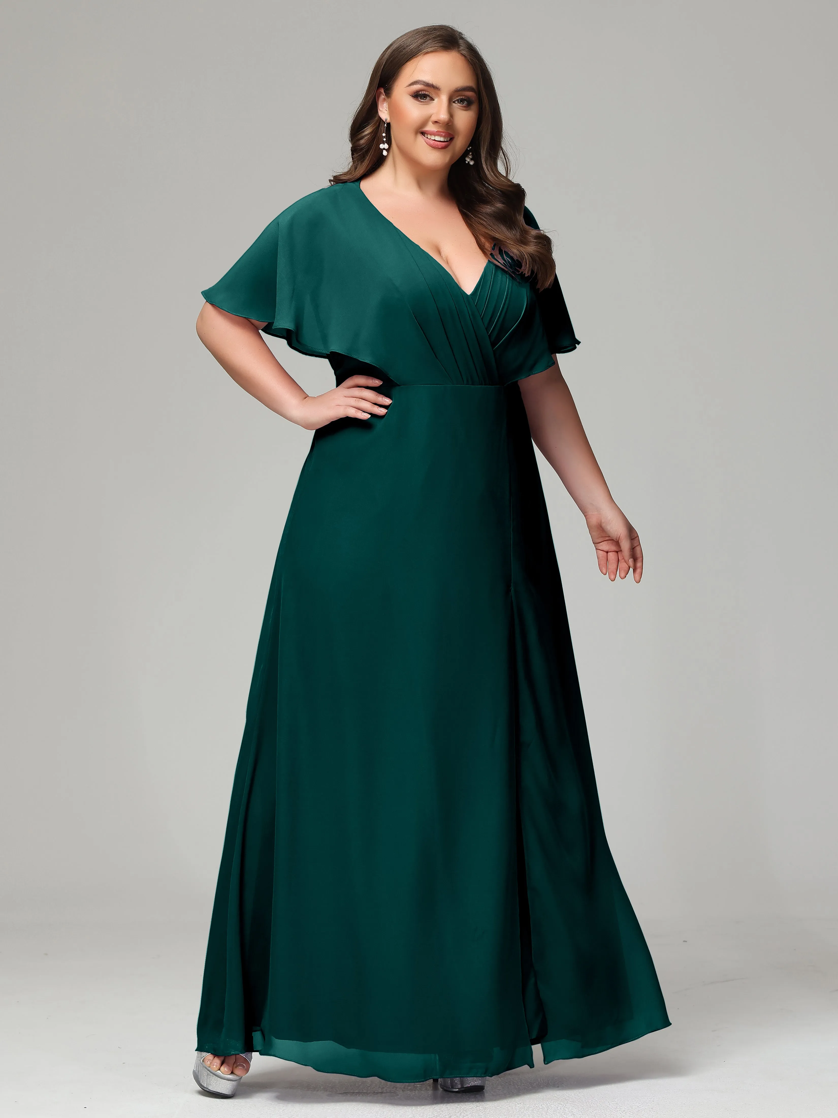 Short Sleeves Chiffon Split Long Plus Bridesmaid Dresses