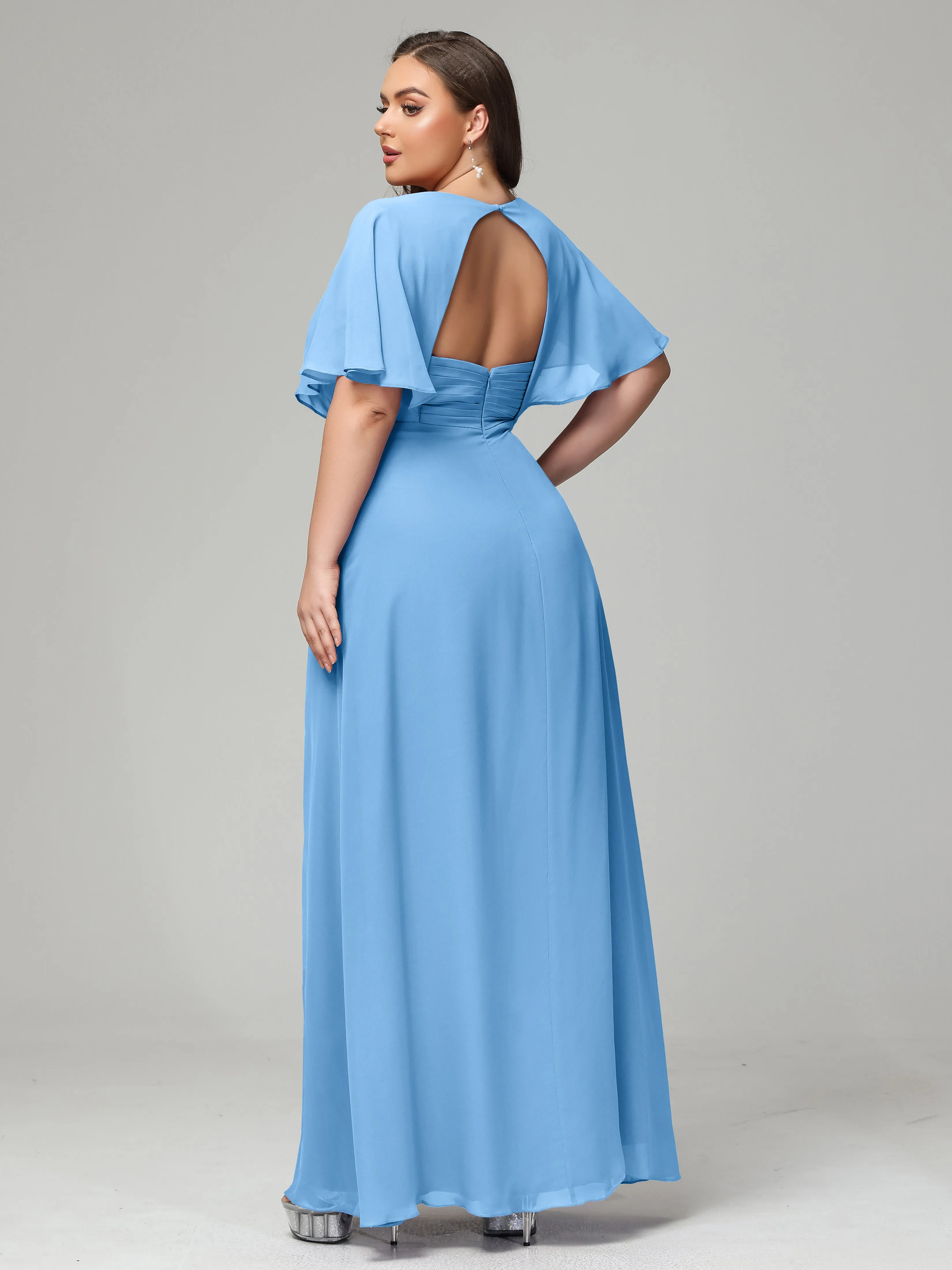 Short Sleeves Chiffon Split Long Plus Bridesmaid Dresses