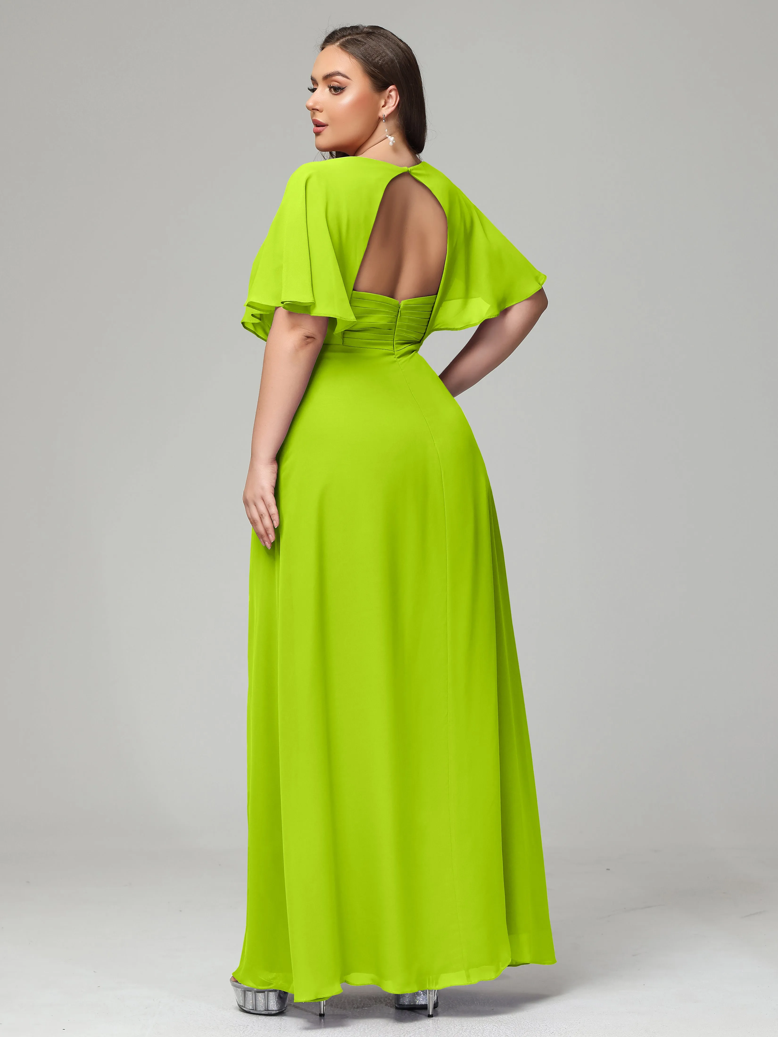 Short Sleeves Chiffon Split Long Plus Bridesmaid Dresses