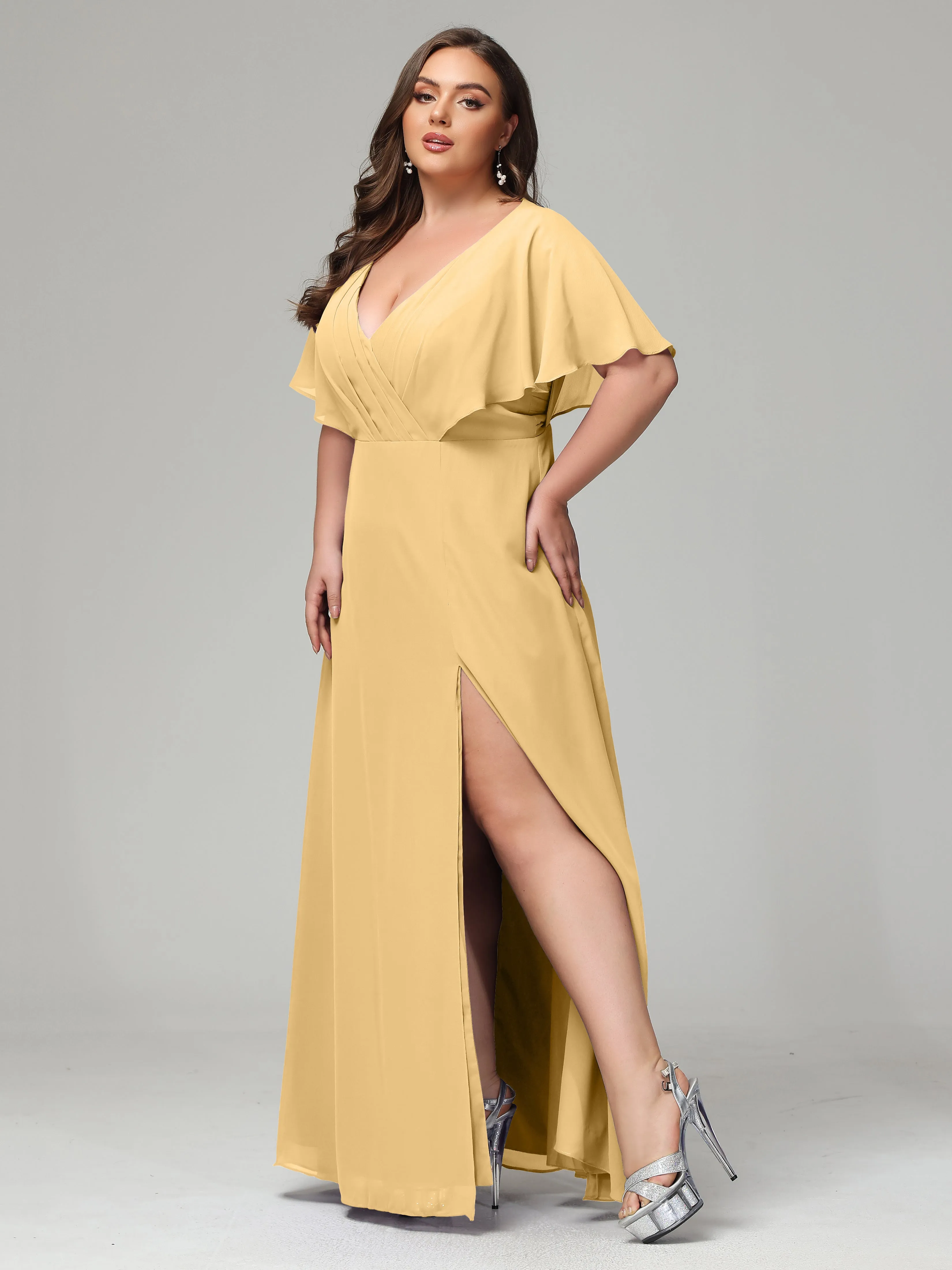 Short Sleeves Chiffon Split Long Plus Bridesmaid Dresses