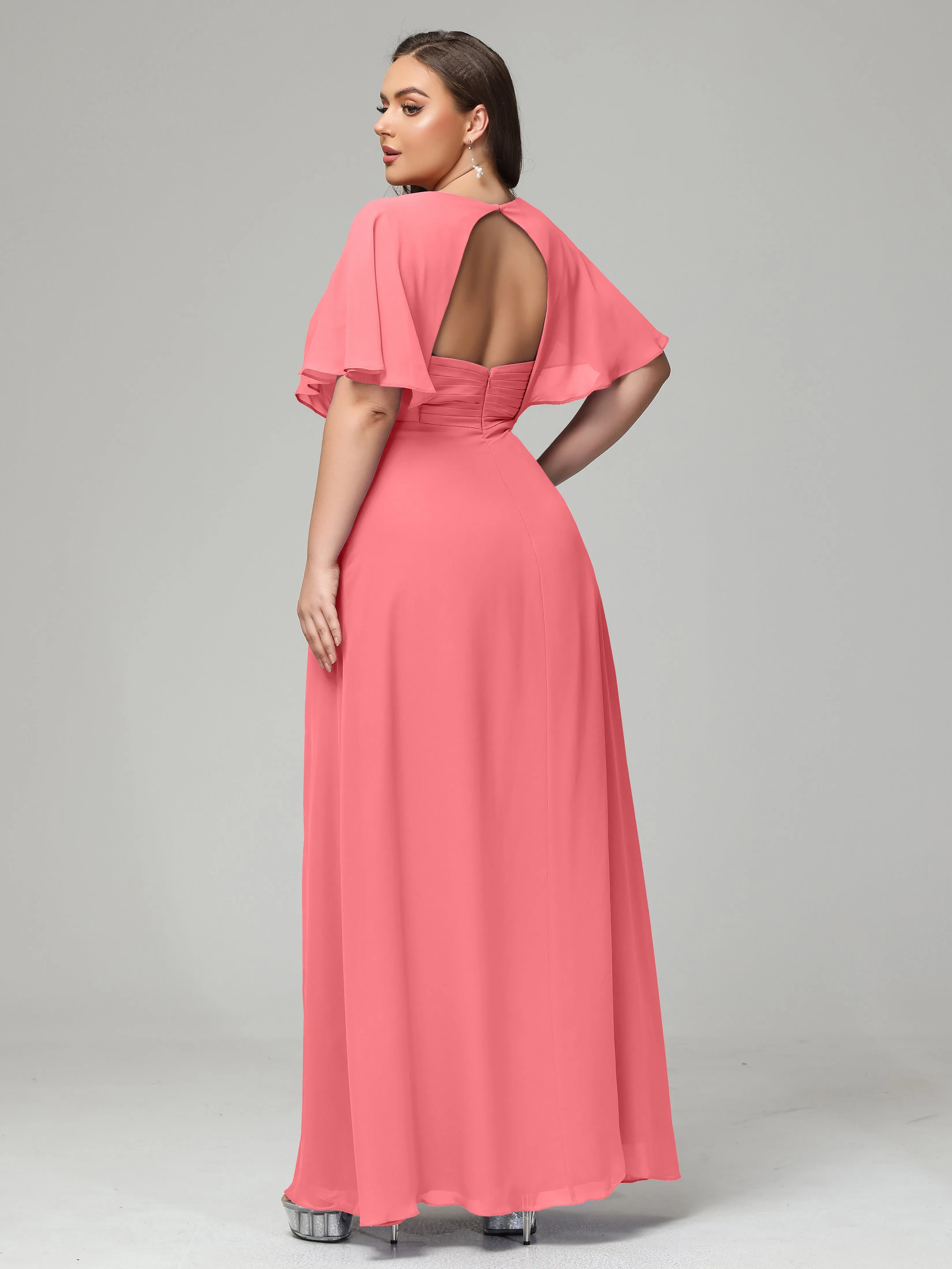 Short Sleeves Chiffon Split Long Plus Bridesmaid Dresses