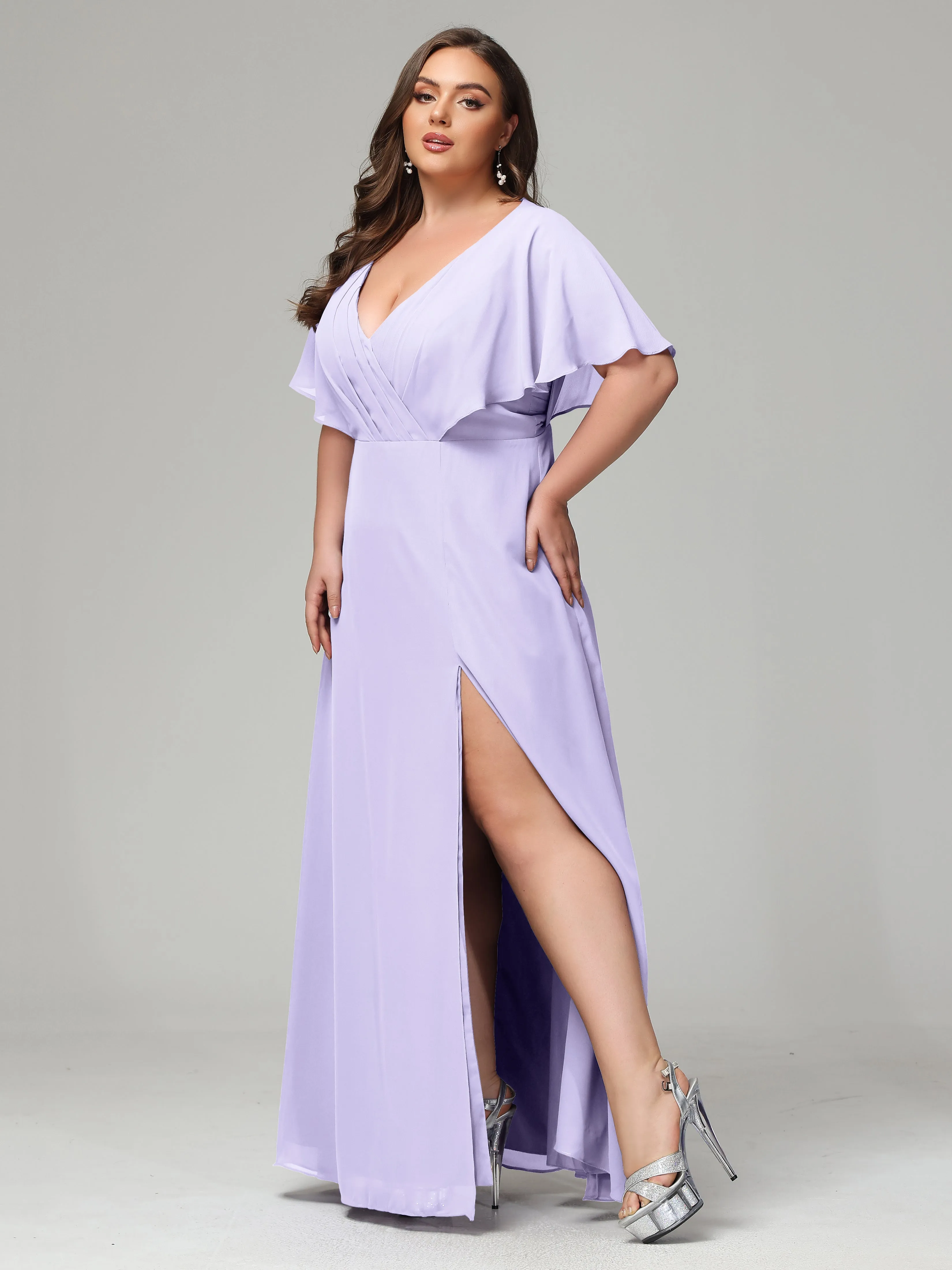 Short Sleeves Chiffon Split Long Plus Bridesmaid Dresses