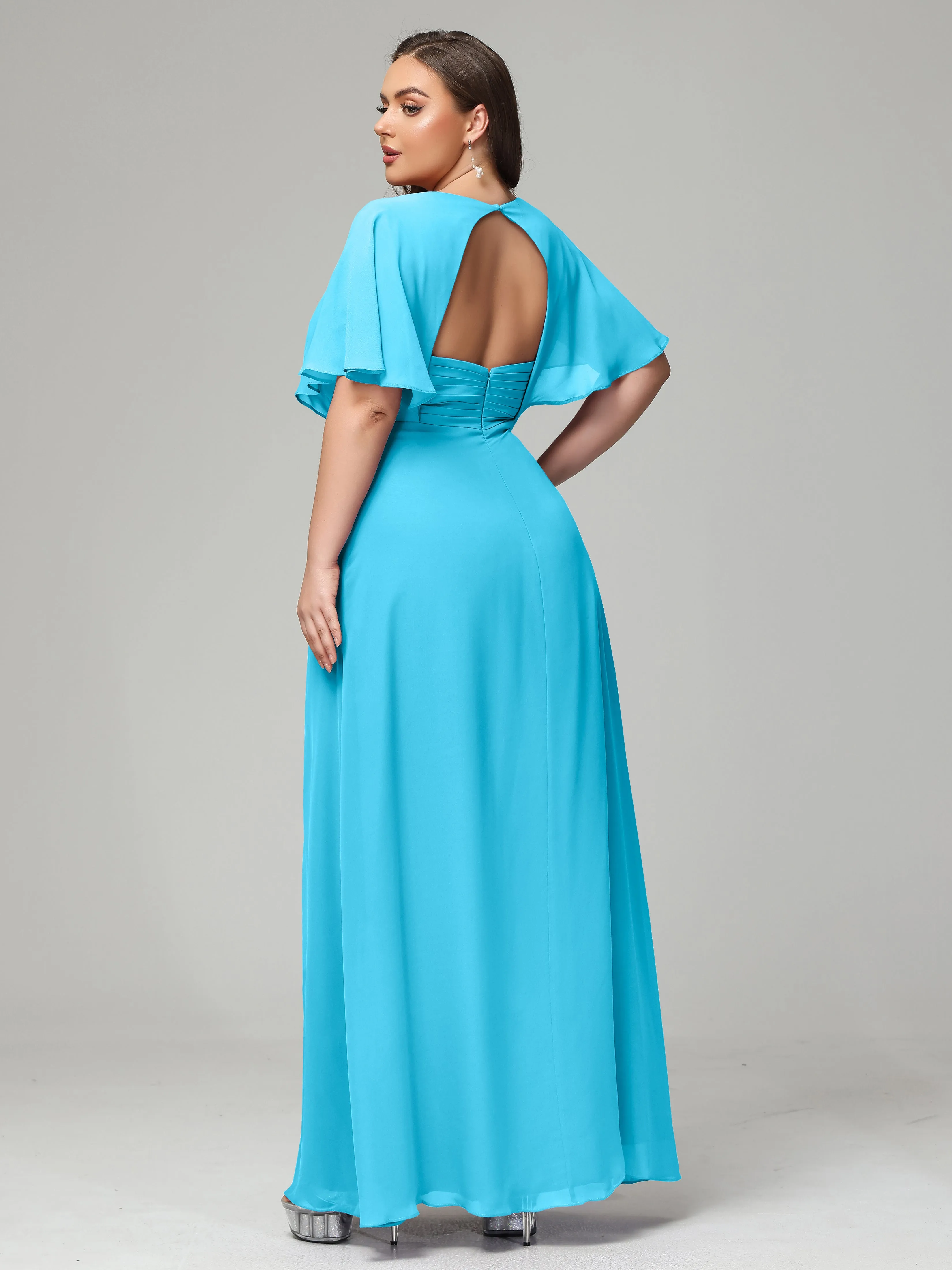 Short Sleeves Chiffon Split Long Plus Bridesmaid Dresses