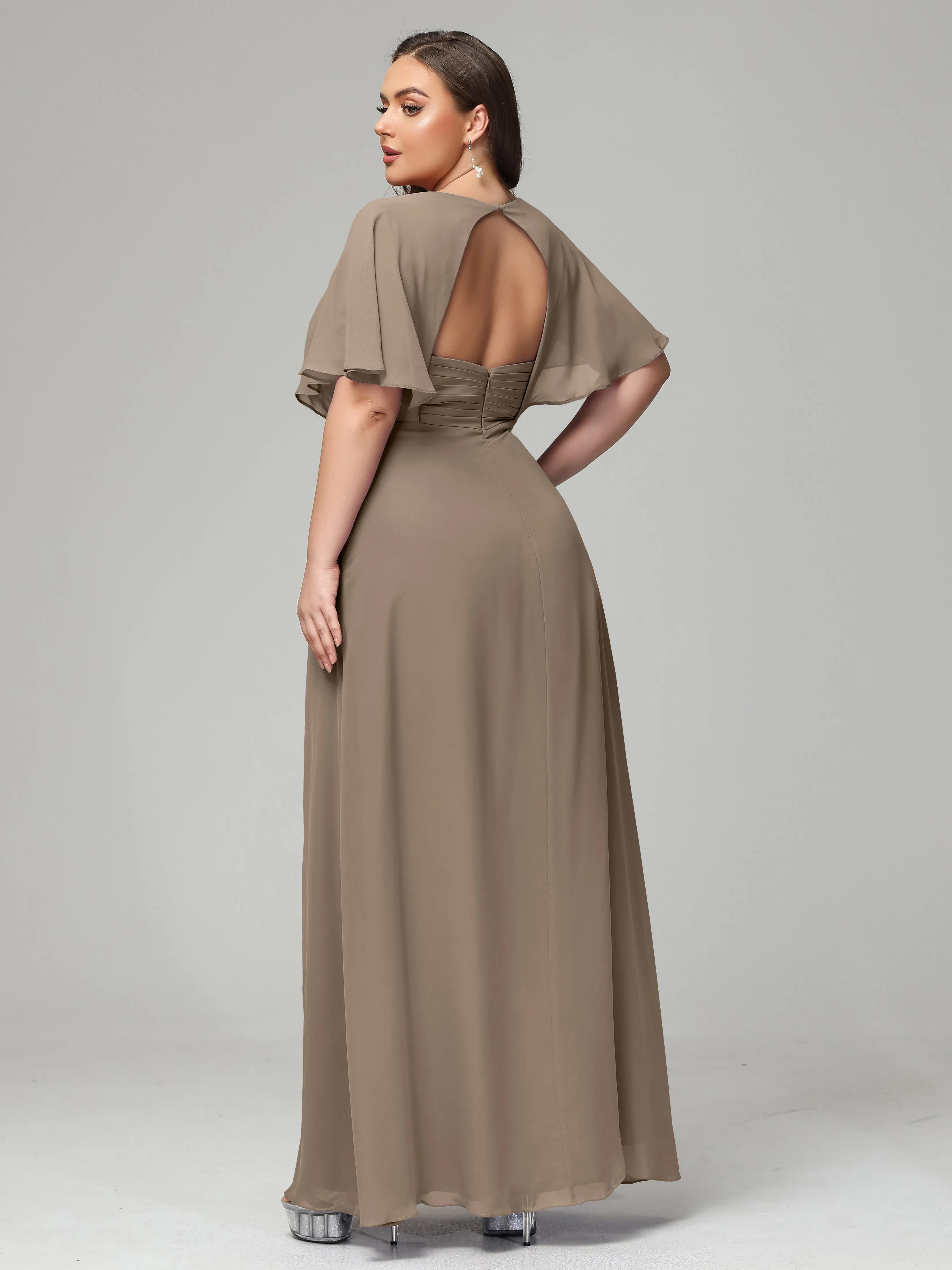 Short Sleeves Chiffon Split Long Plus Bridesmaid Dresses