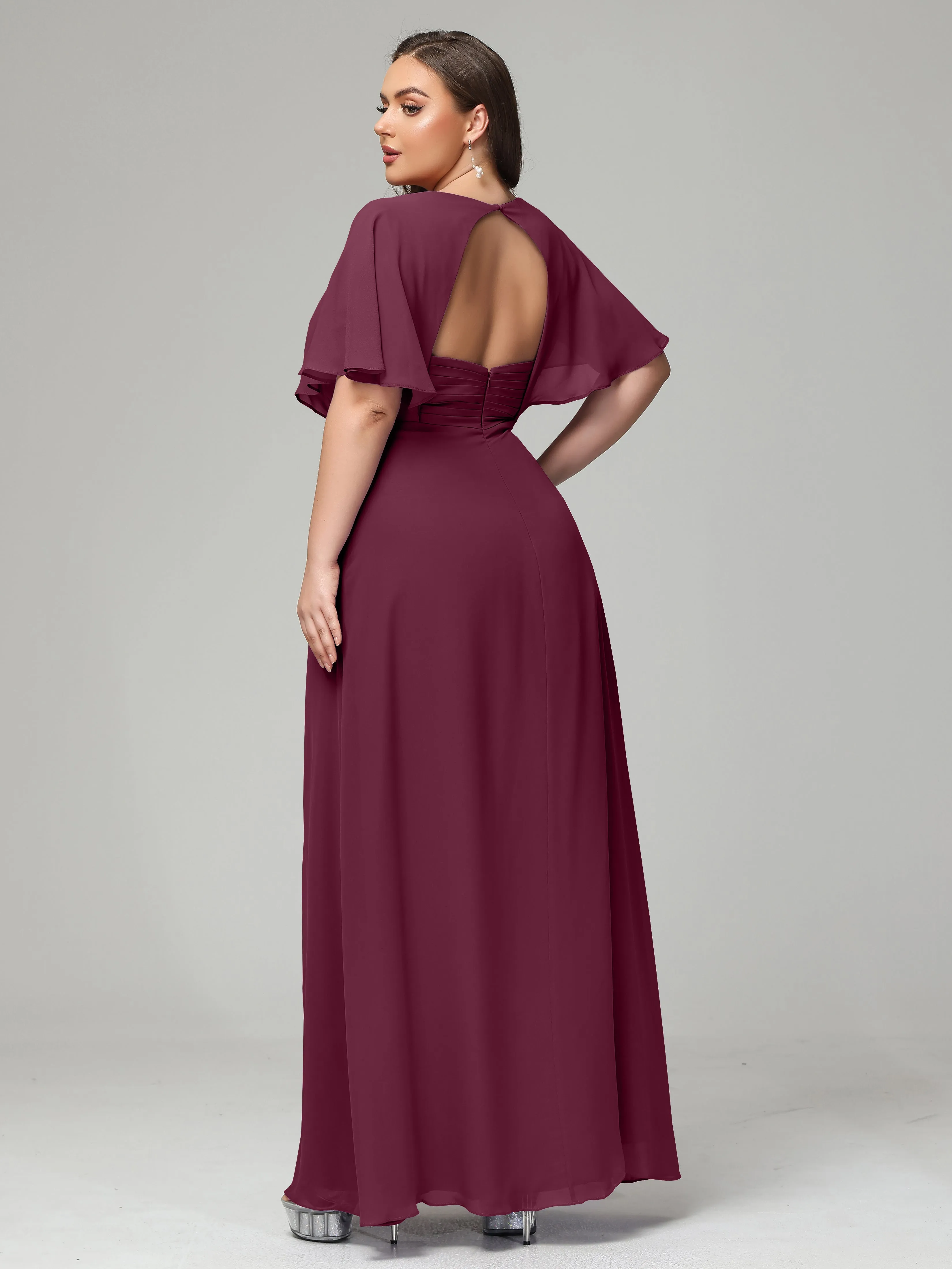 Short Sleeves Chiffon Split Long Plus Bridesmaid Dresses