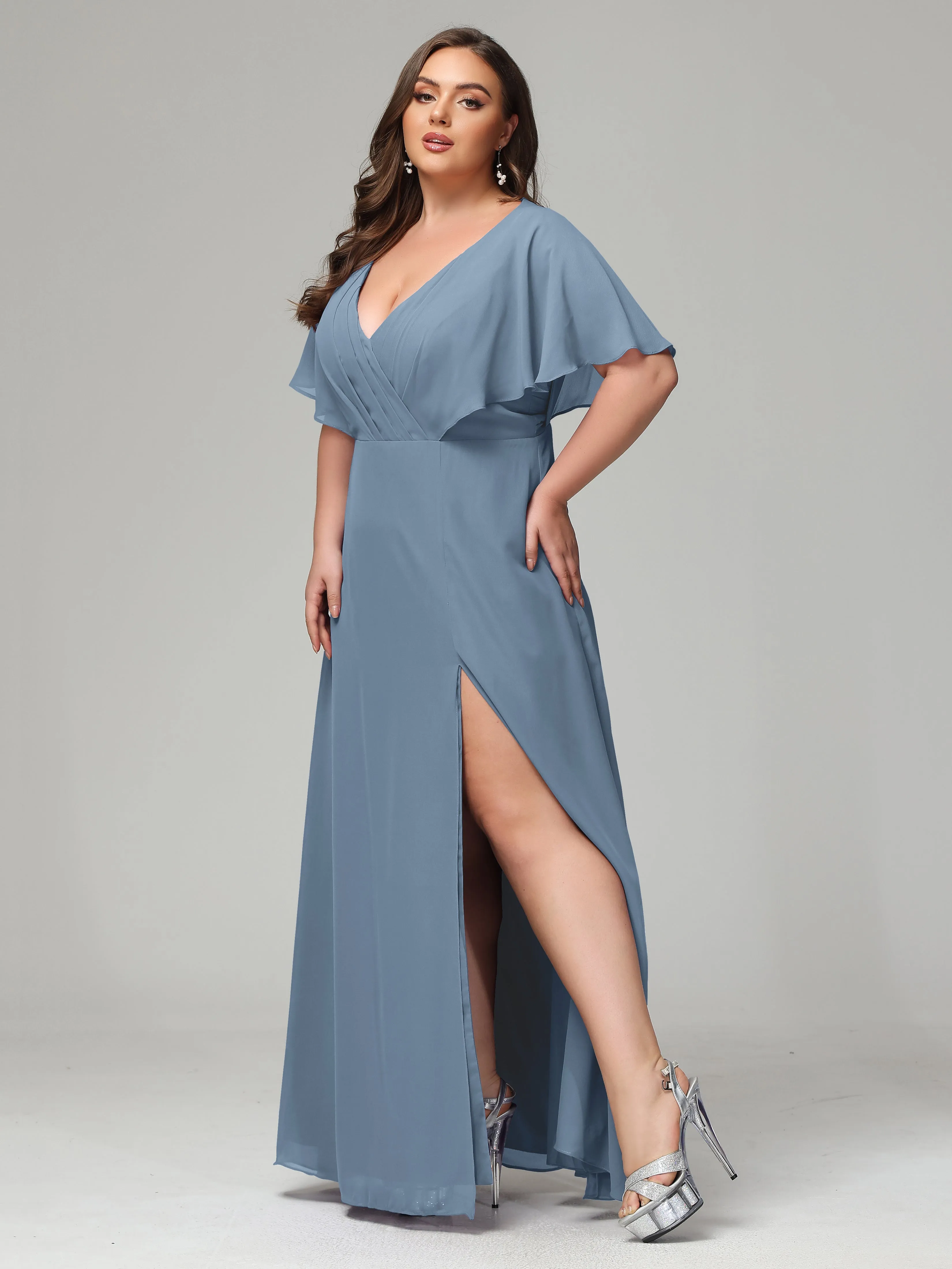 Short Sleeves Chiffon Split Long Plus Bridesmaid Dresses