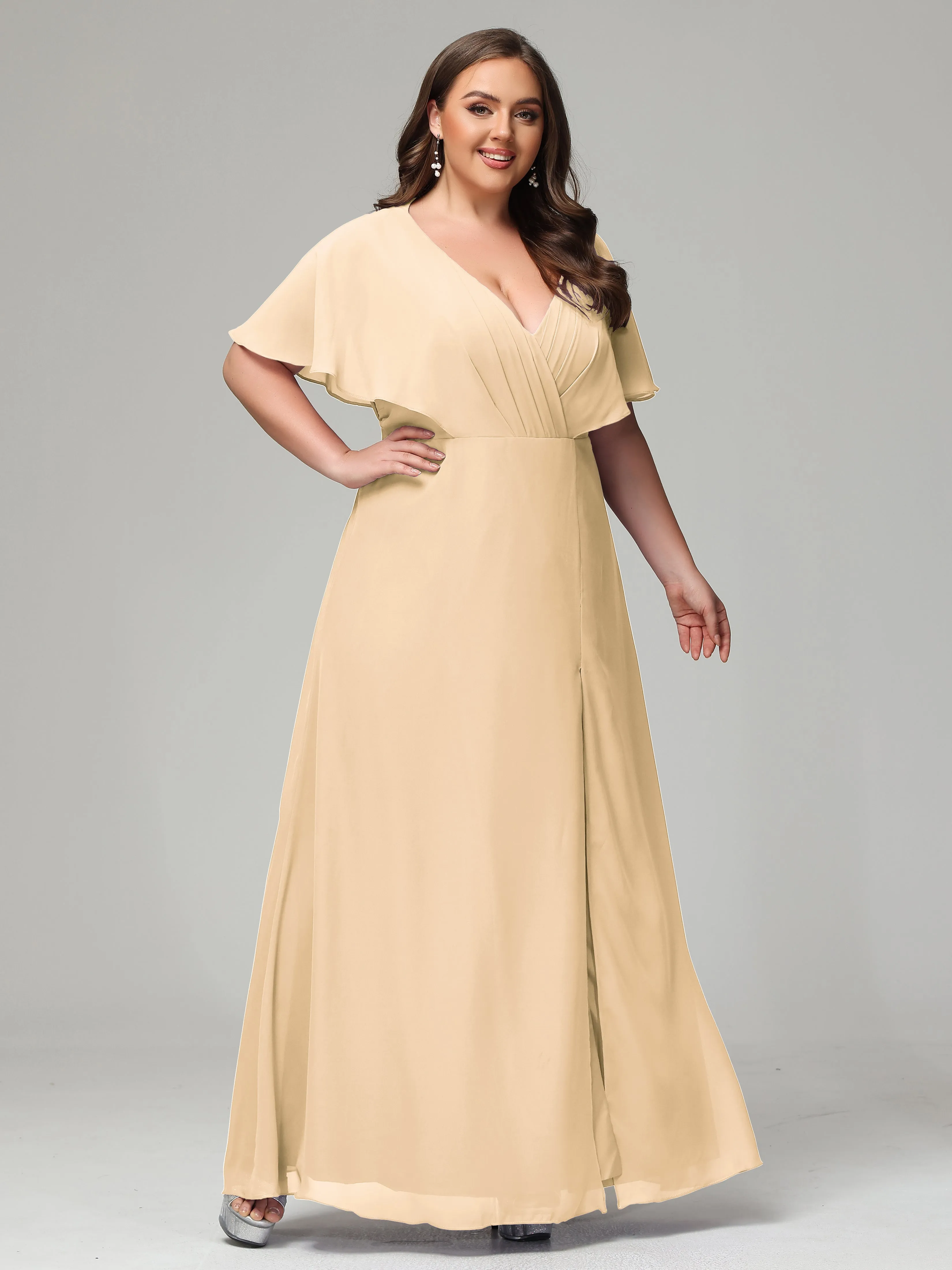 Short Sleeves Chiffon Split Long Plus Bridesmaid Dresses