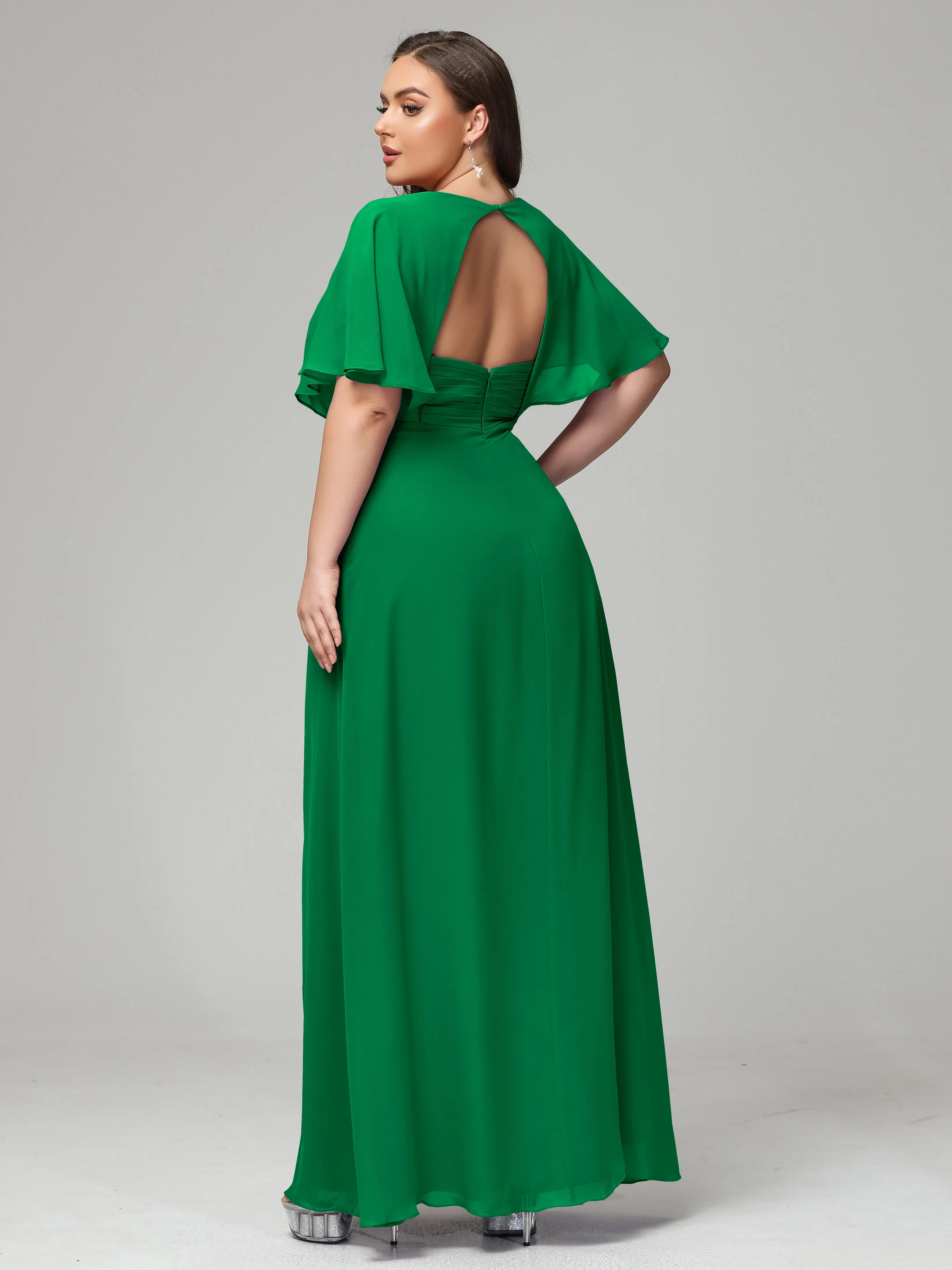 Short Sleeves Chiffon Split Long Plus Bridesmaid Dresses