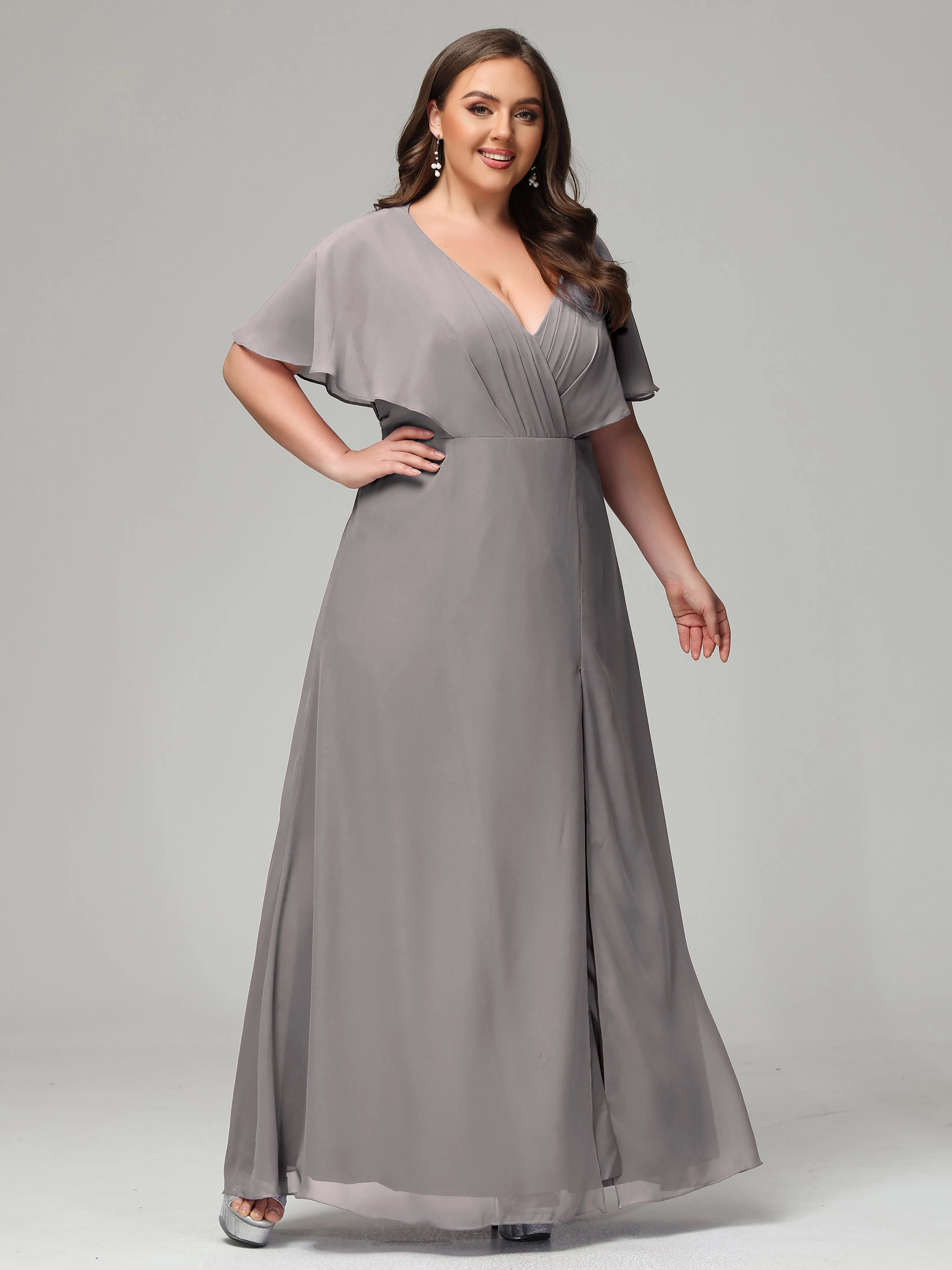 Short Sleeves Chiffon Split Long Plus Bridesmaid Dresses