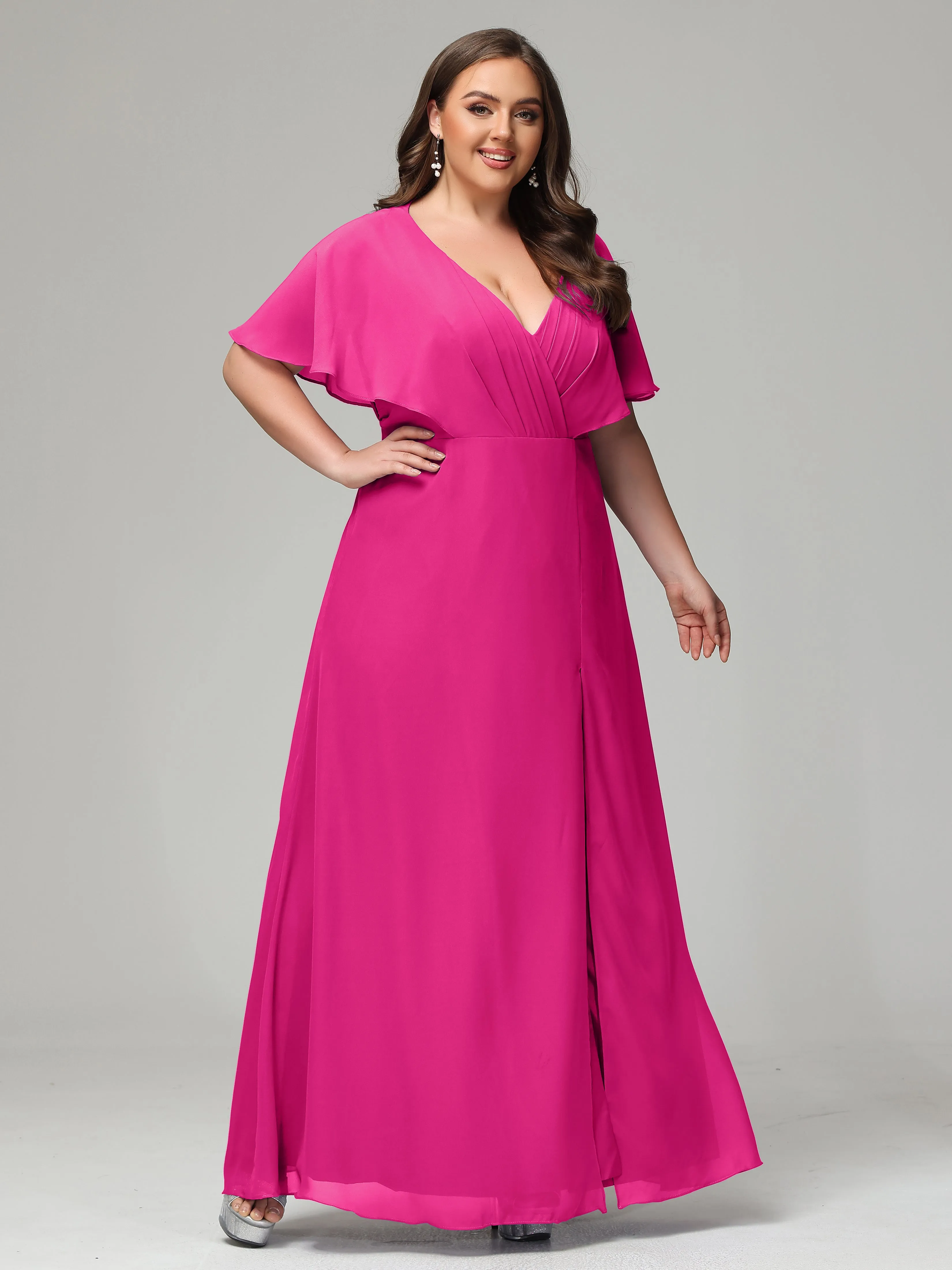 Short Sleeves Chiffon Split Long Plus Bridesmaid Dresses