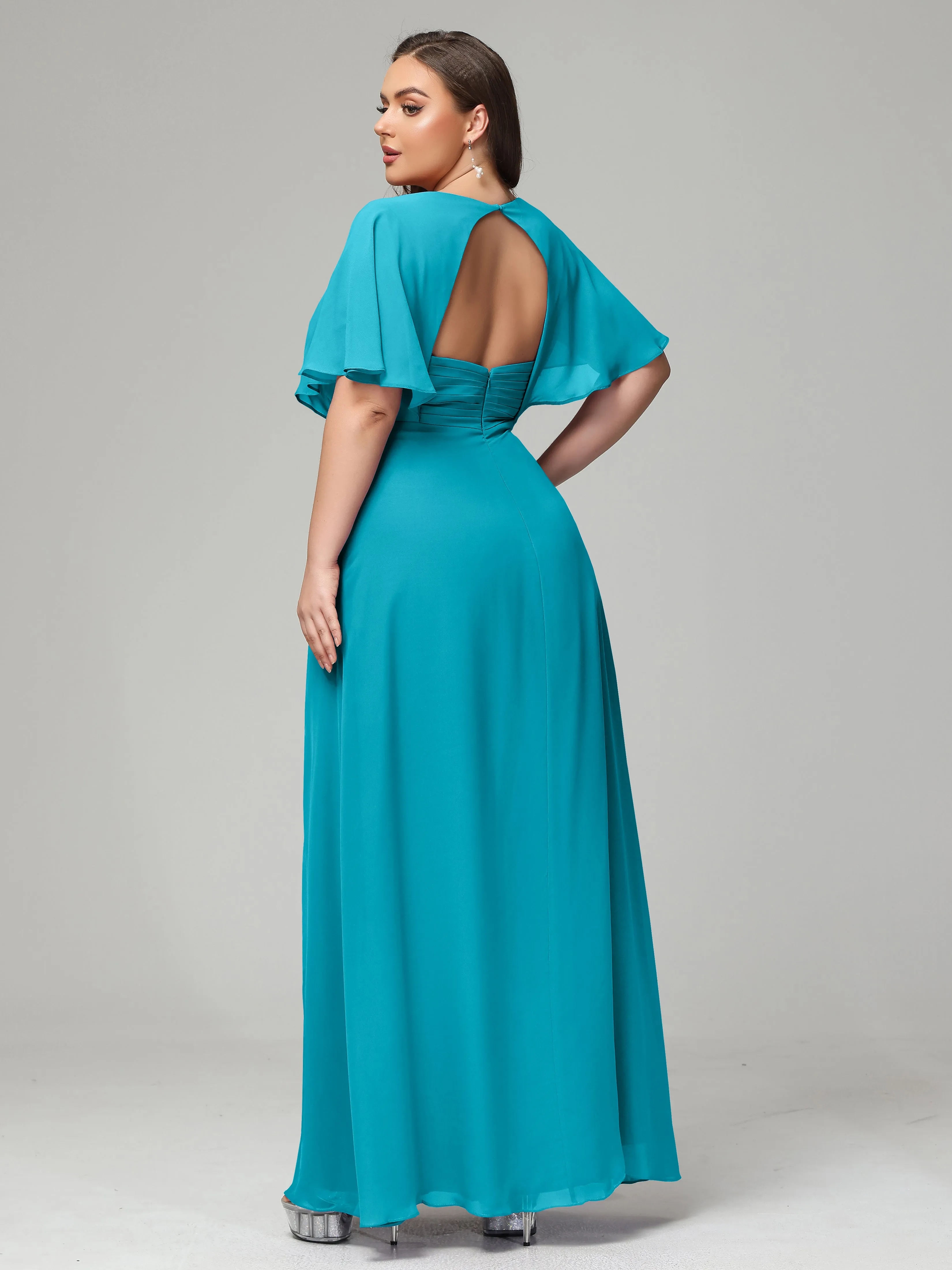 Short Sleeves Chiffon Split Long Plus Bridesmaid Dresses