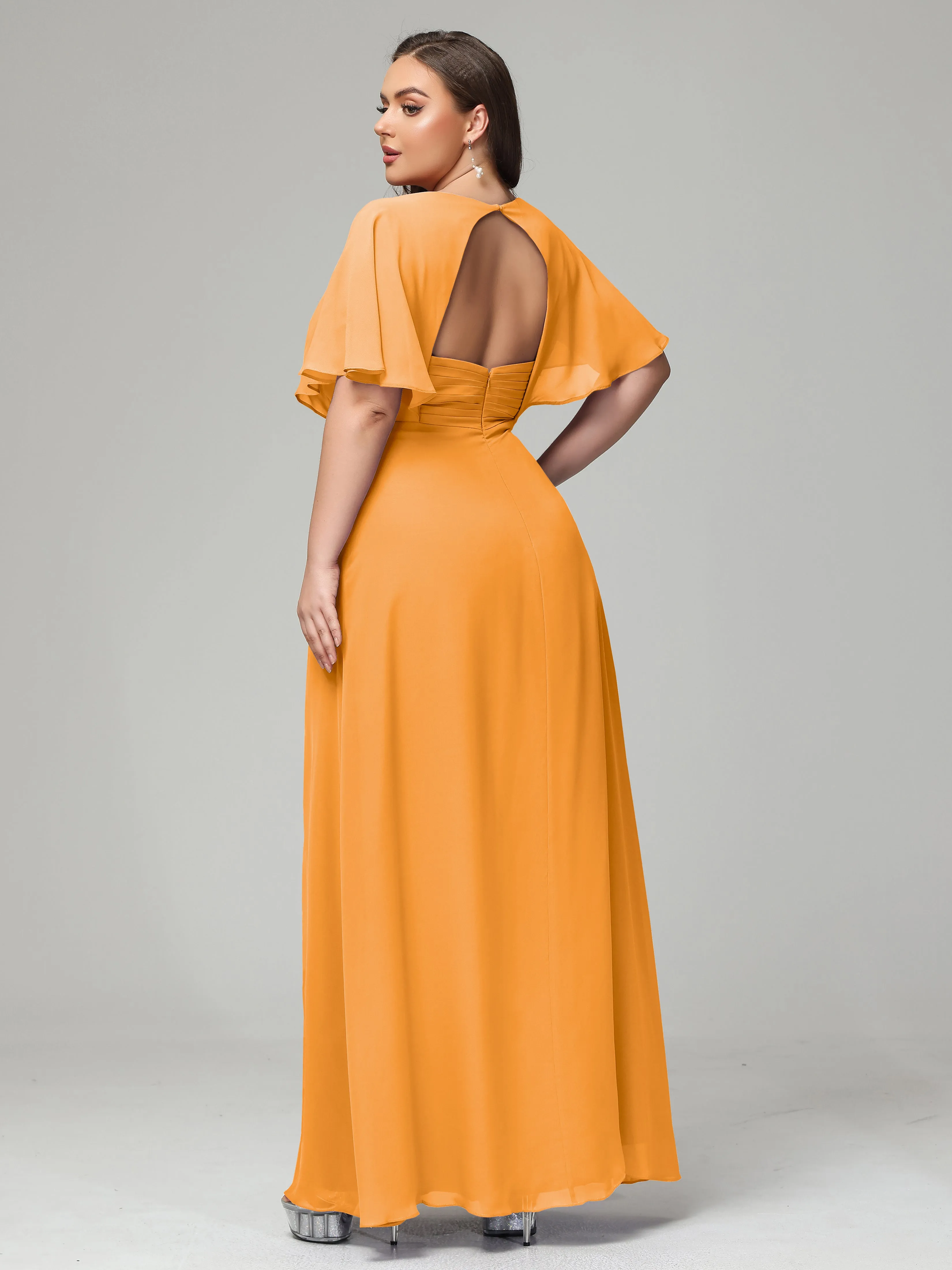 Short Sleeves Chiffon Split Long Plus Bridesmaid Dresses