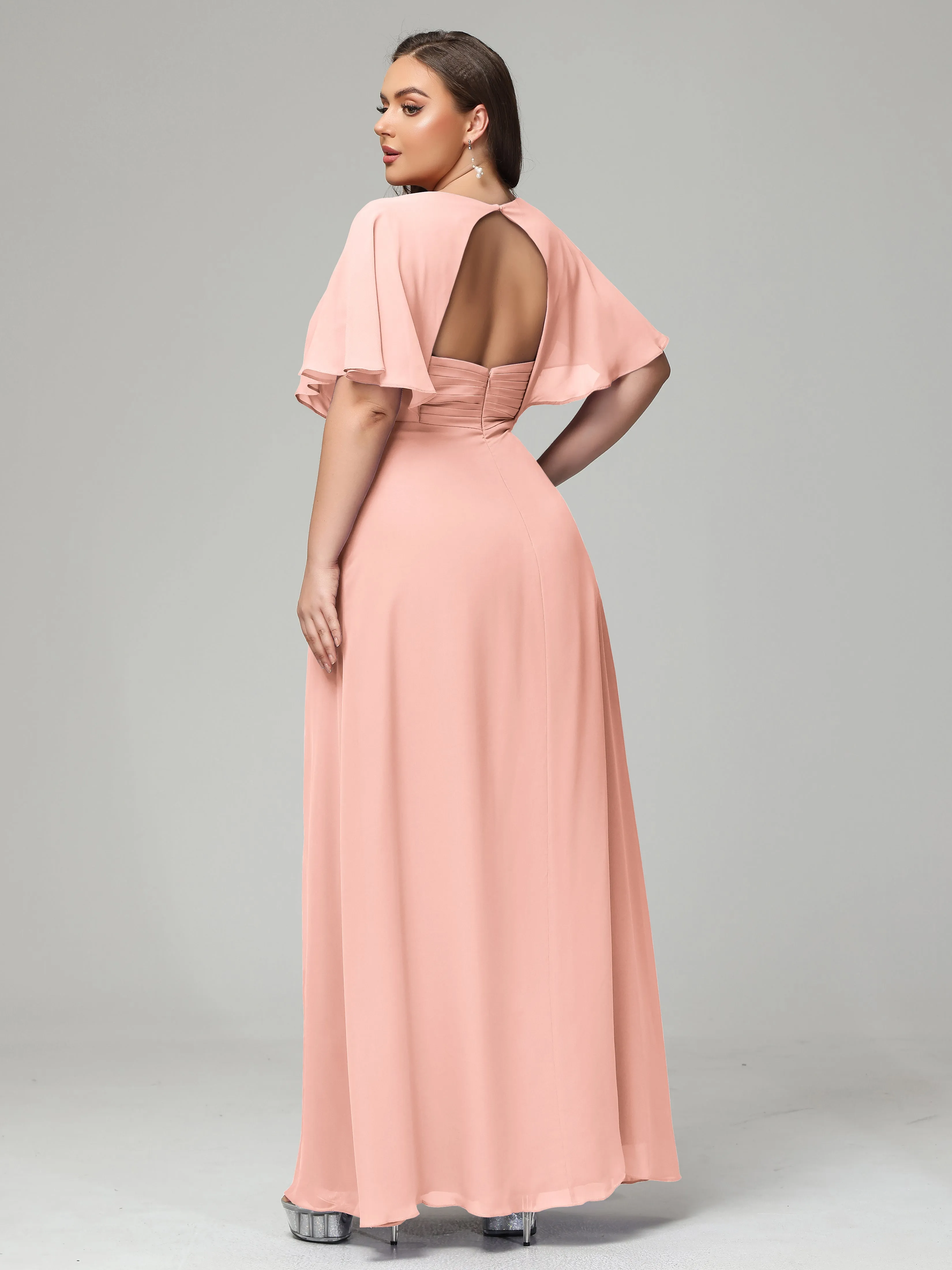 Short Sleeves Chiffon Split Long Plus Bridesmaid Dresses