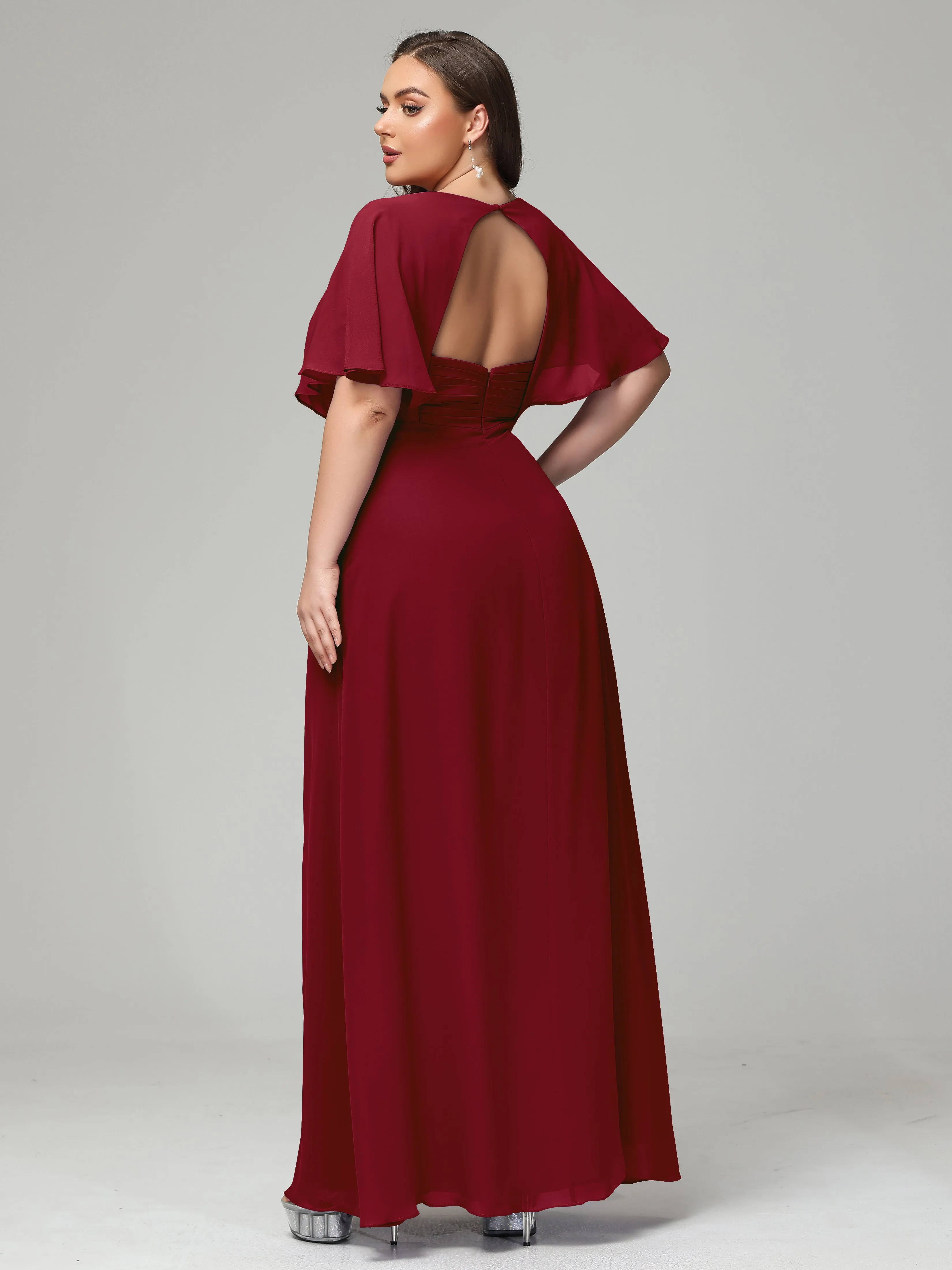 Short Sleeves Chiffon Split Long Plus Bridesmaid Dresses
