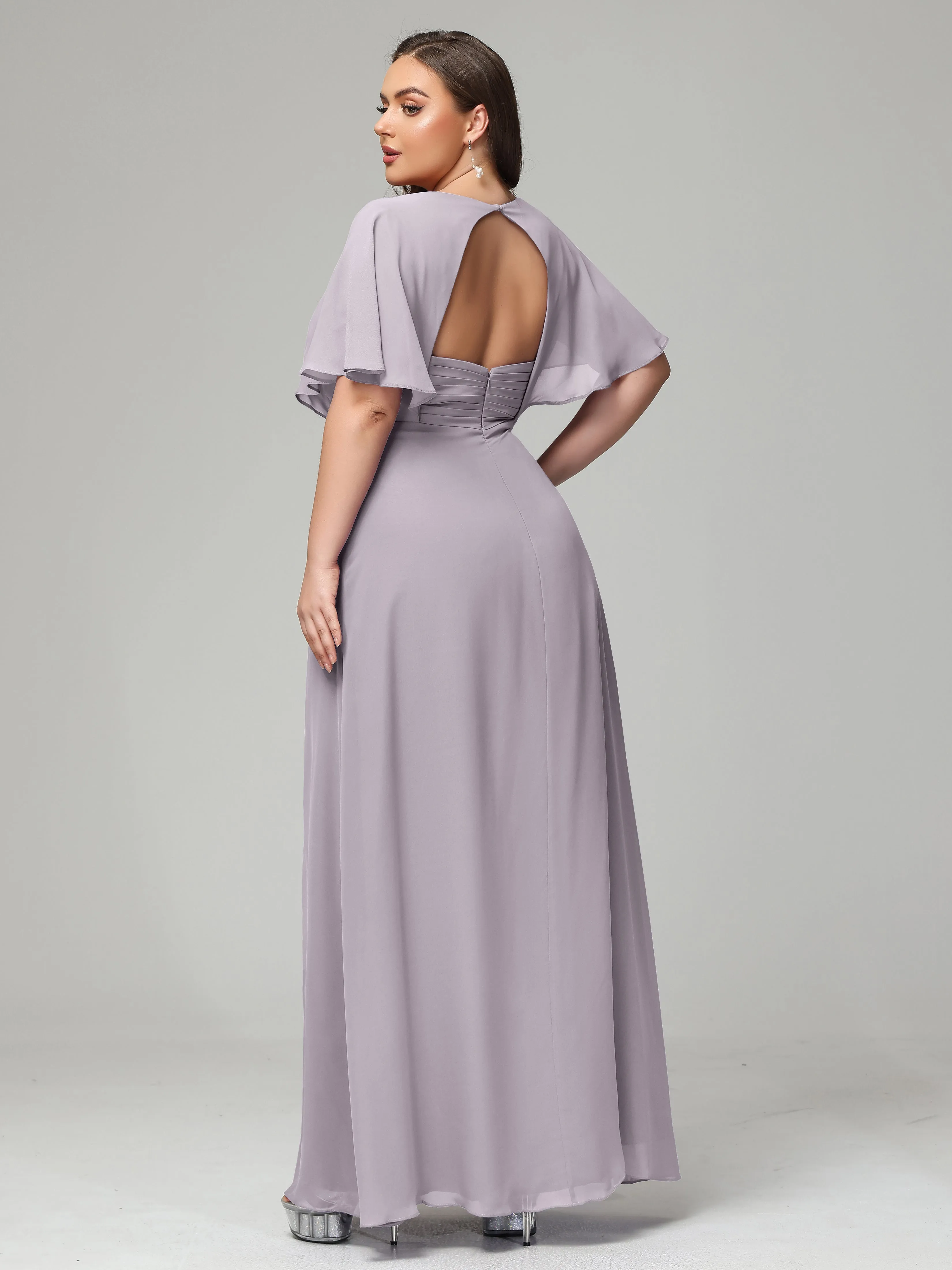 Short Sleeves Chiffon Split Long Plus Bridesmaid Dresses