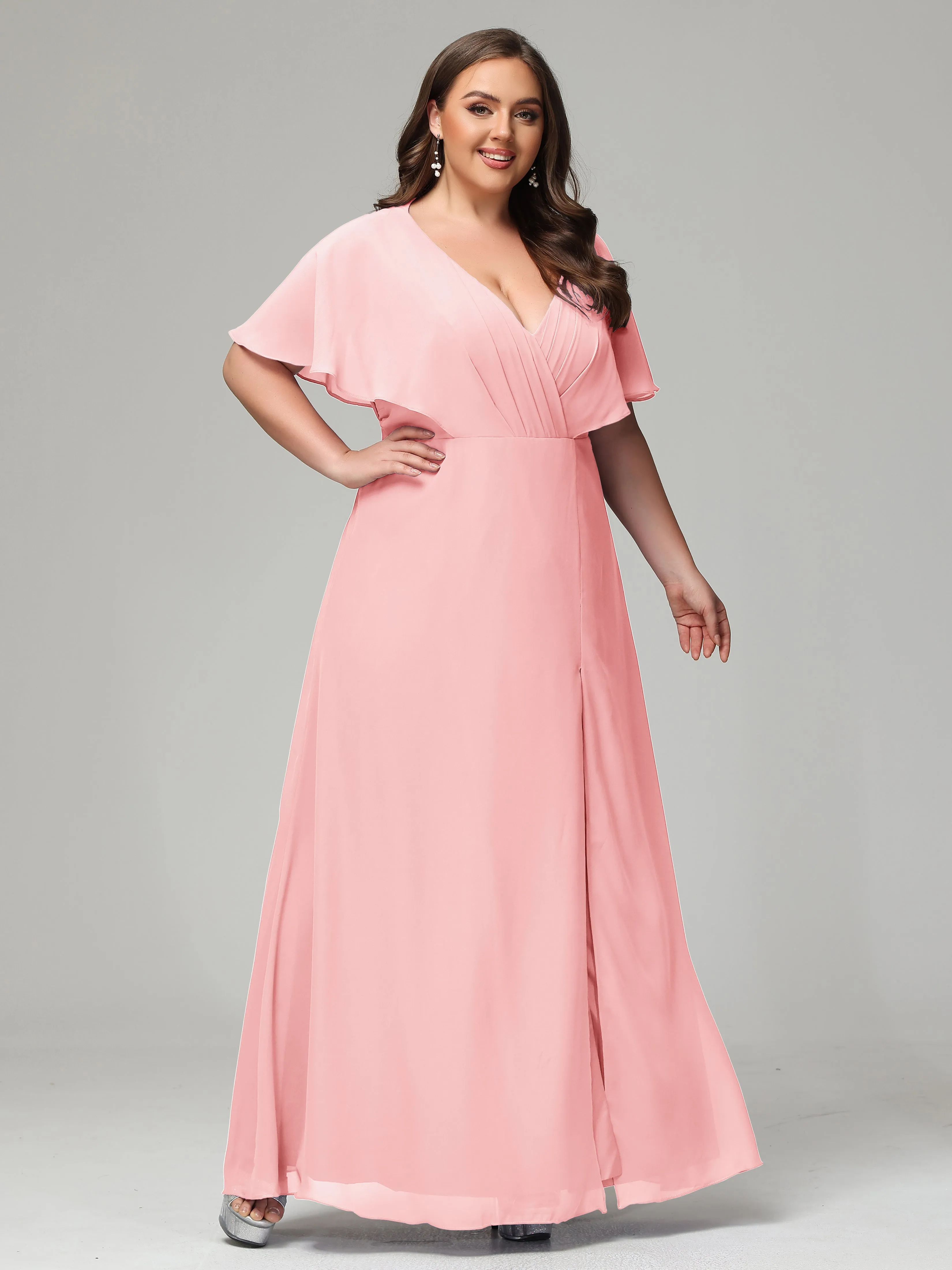 Short Sleeves Chiffon Split Long Plus Bridesmaid Dresses