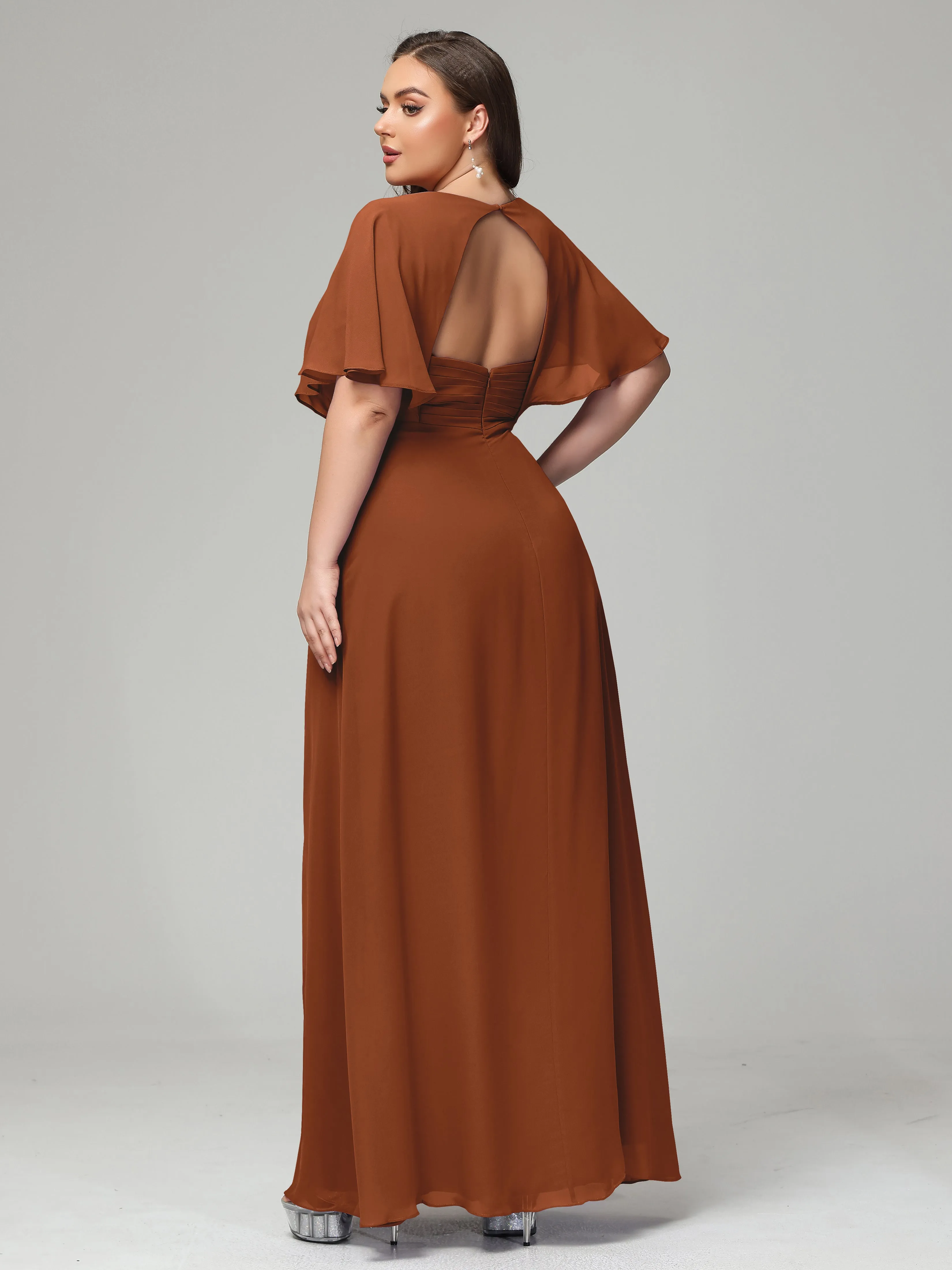 Short Sleeves Chiffon Split Long Plus Bridesmaid Dresses