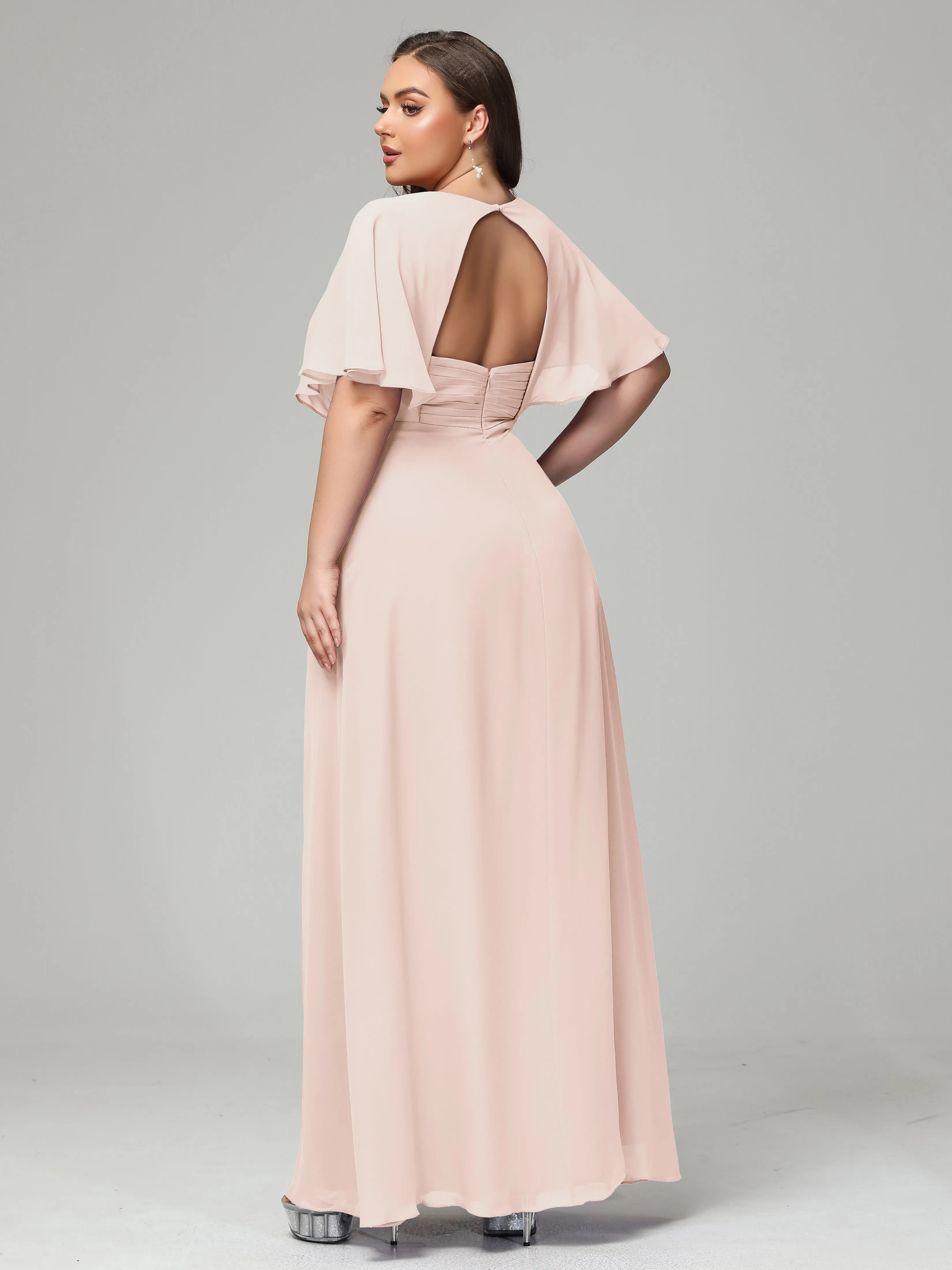 Short Sleeves Chiffon Split Long Plus Bridesmaid Dresses