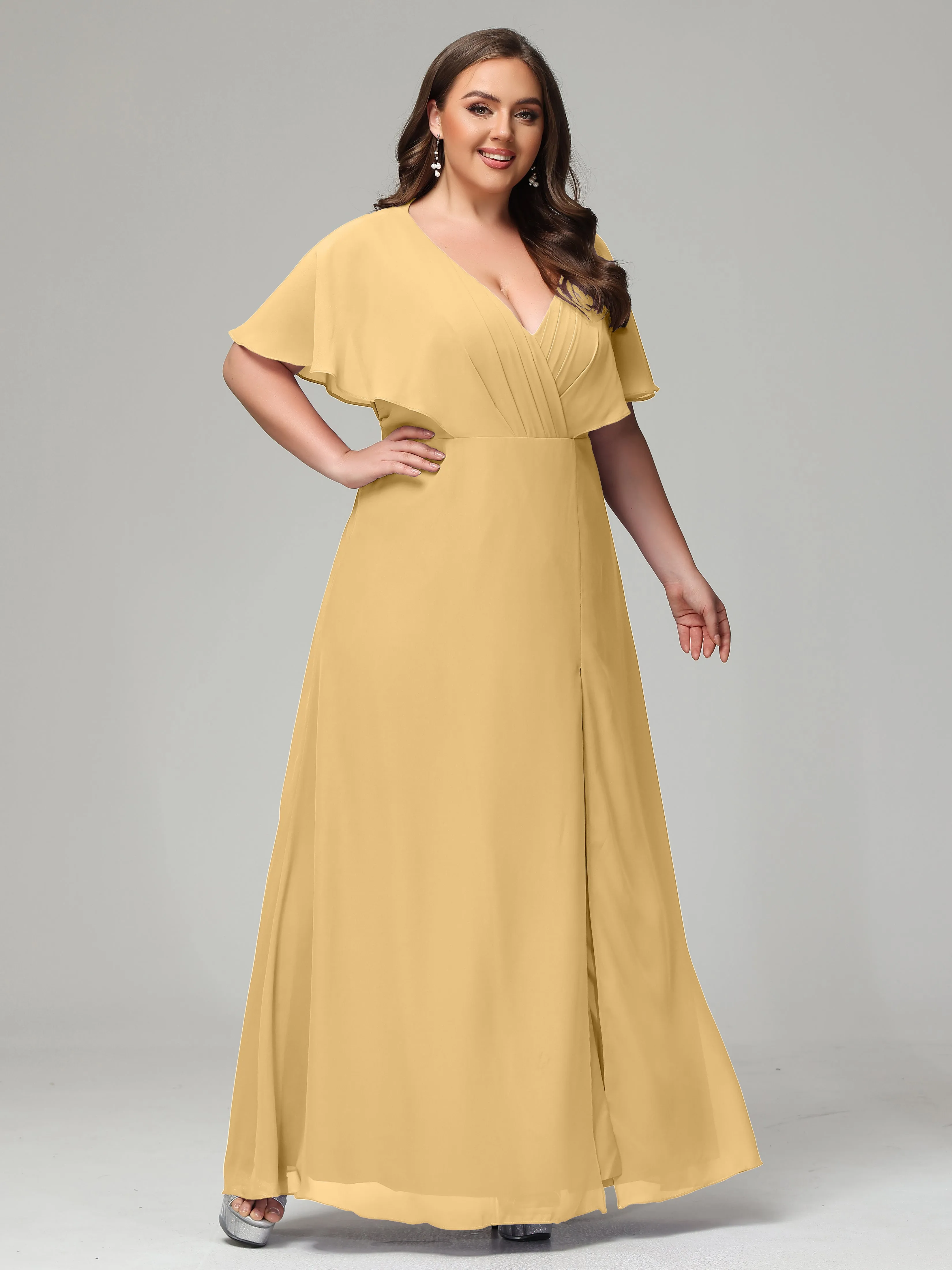 Short Sleeves Chiffon Split Long Plus Bridesmaid Dresses