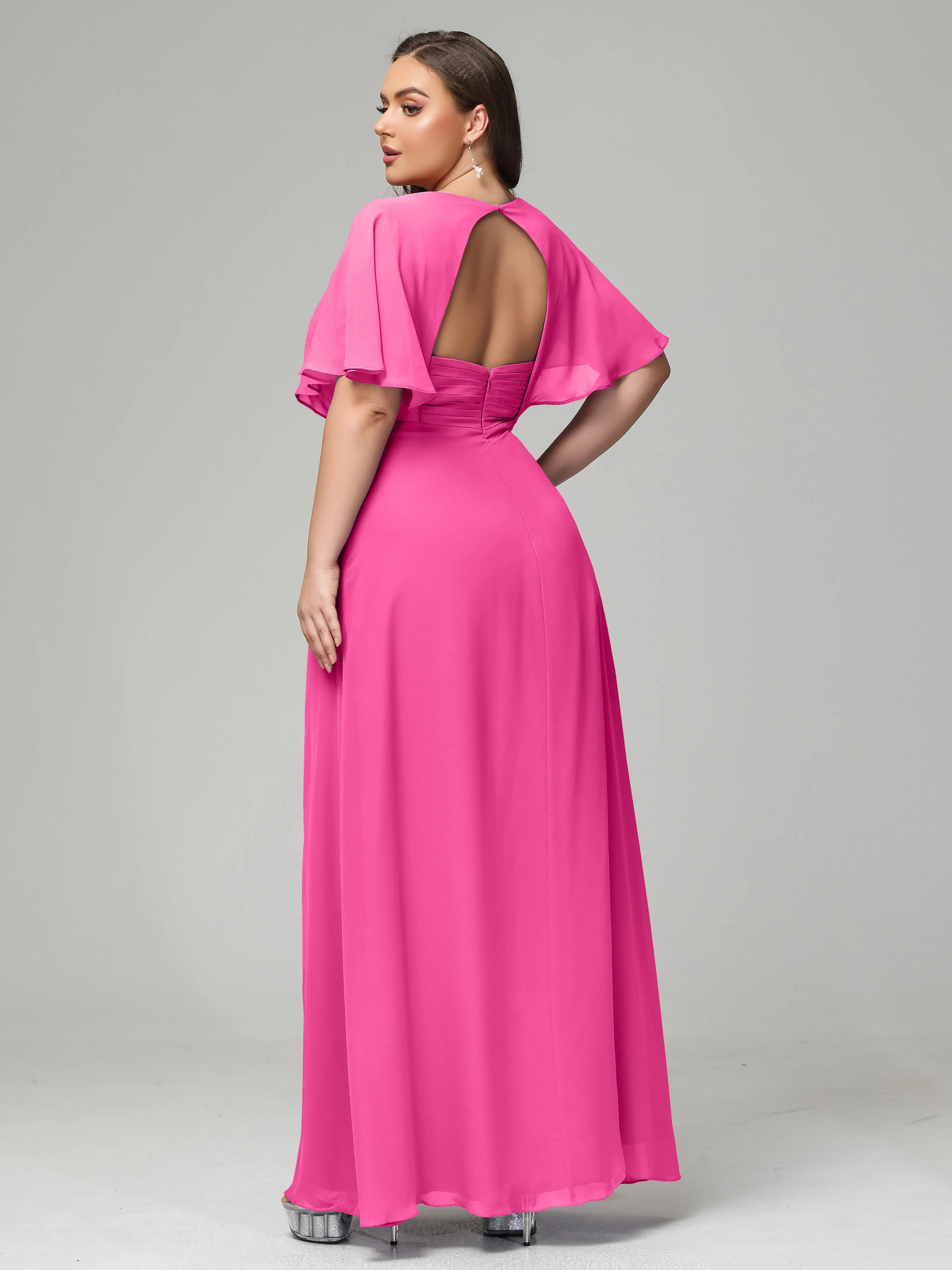Short Sleeves Chiffon Split Long Plus Bridesmaid Dresses