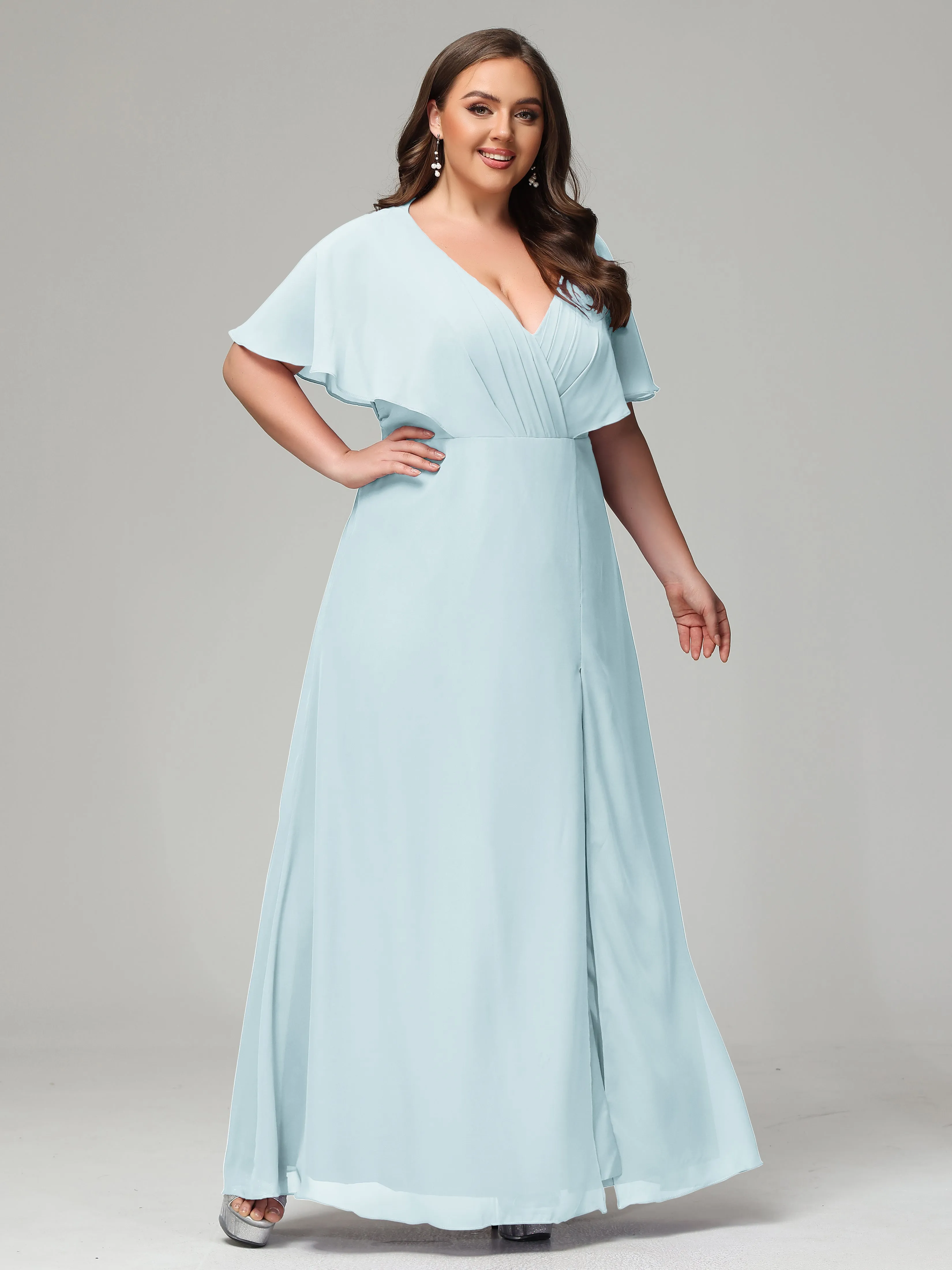 Short Sleeves Chiffon Split Long Plus Bridesmaid Dresses