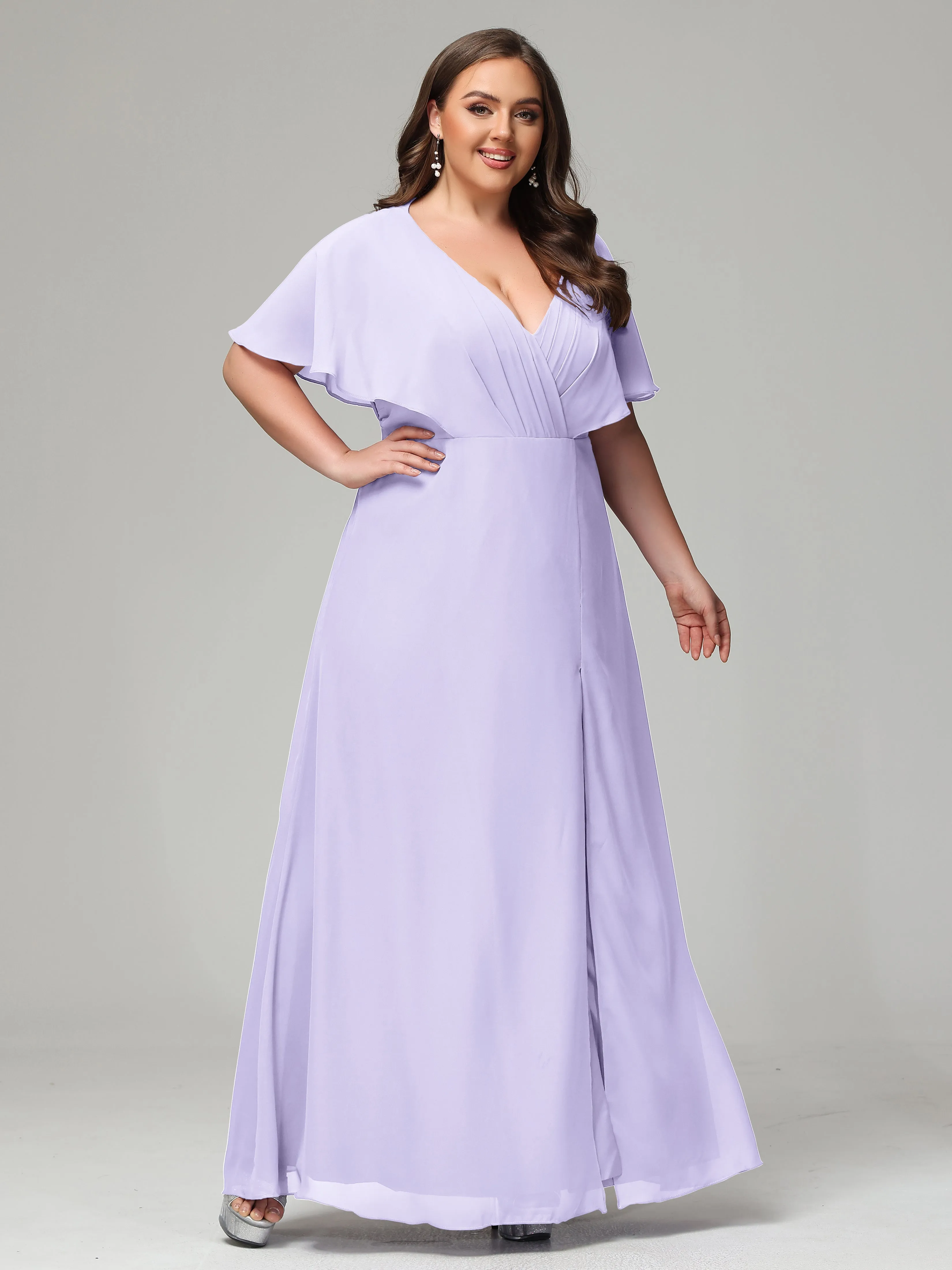 Short Sleeves Chiffon Split Long Plus Bridesmaid Dresses