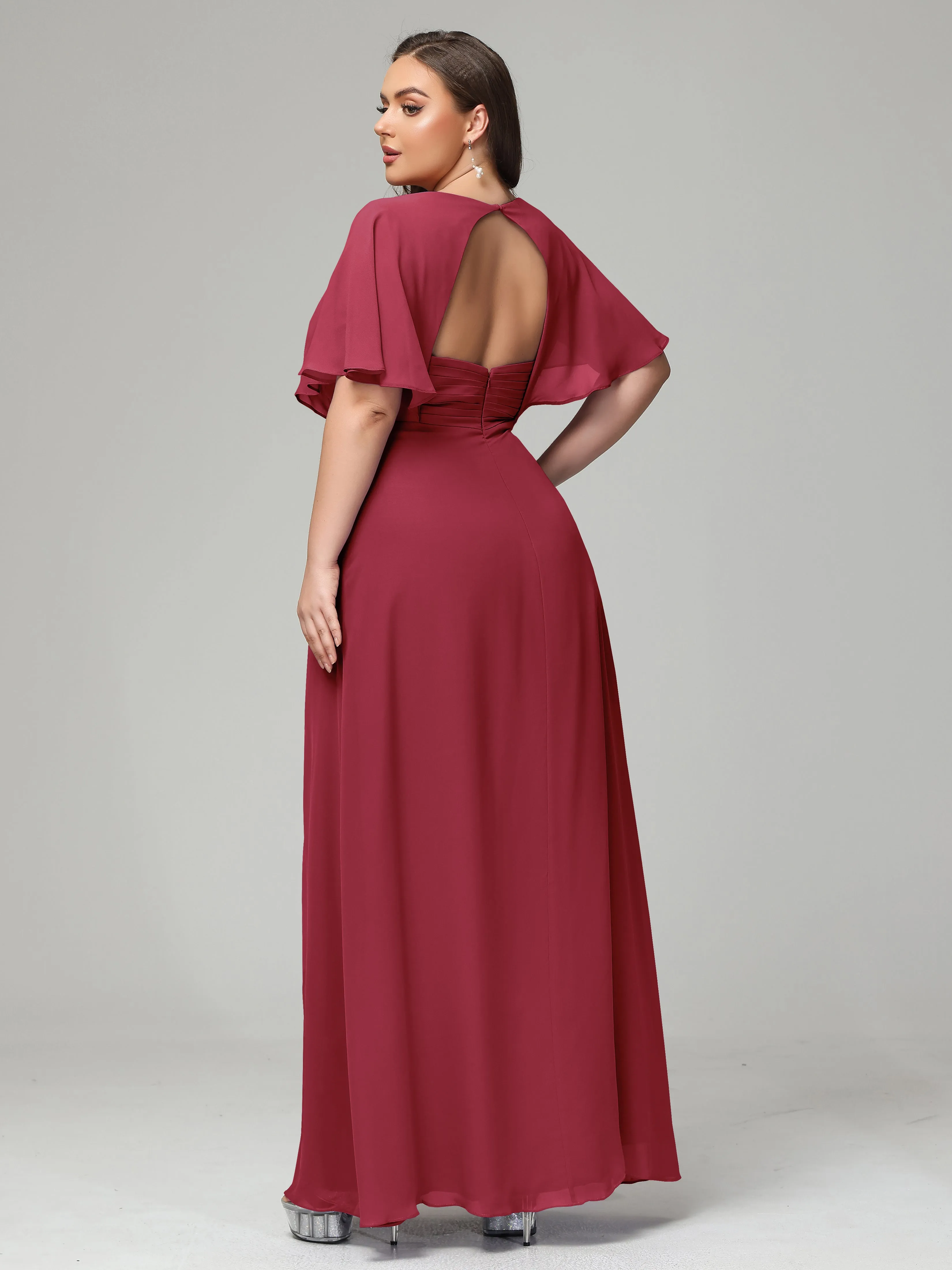 Short Sleeves Chiffon Split Long Plus Bridesmaid Dresses